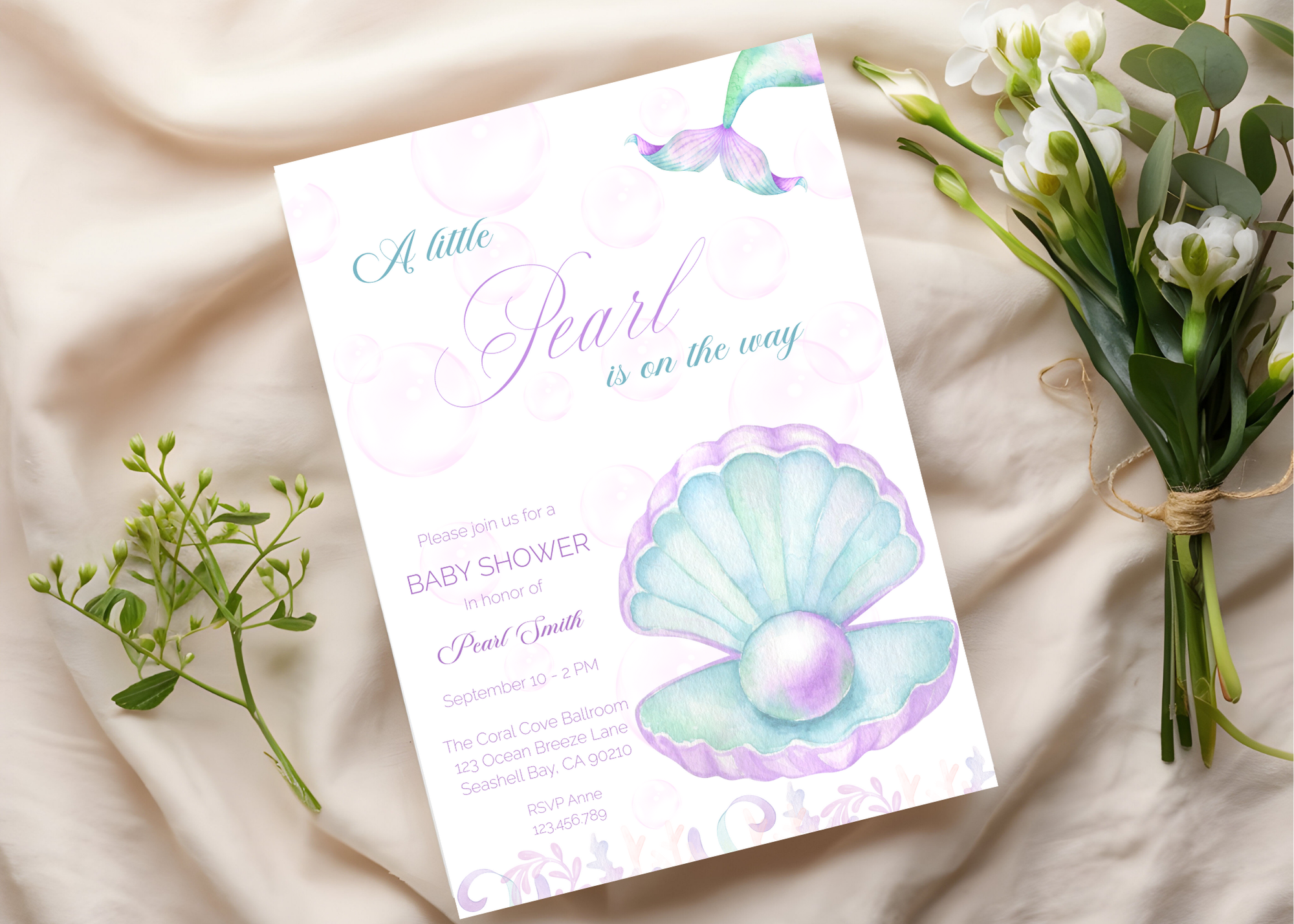 A Little Pearl Baby Shower Invite | Editable Pink Mermaid Baby Shower Invitation Canva Template | Purple Ocean Summer Baby Shower Invitation