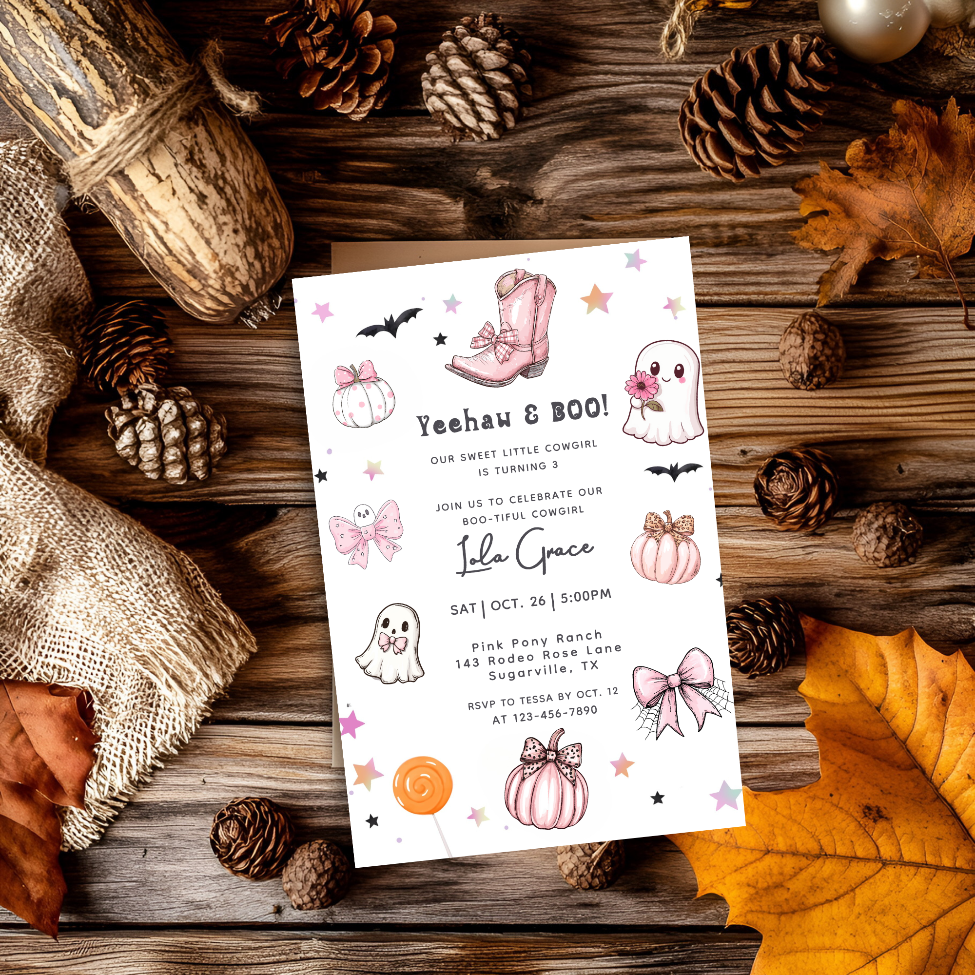 Our Little Boo Girly Coquette Halloween Invitation Pink Ghosts Bows Cowboy Boots Invite Editable Canva Template Printable Digital Download