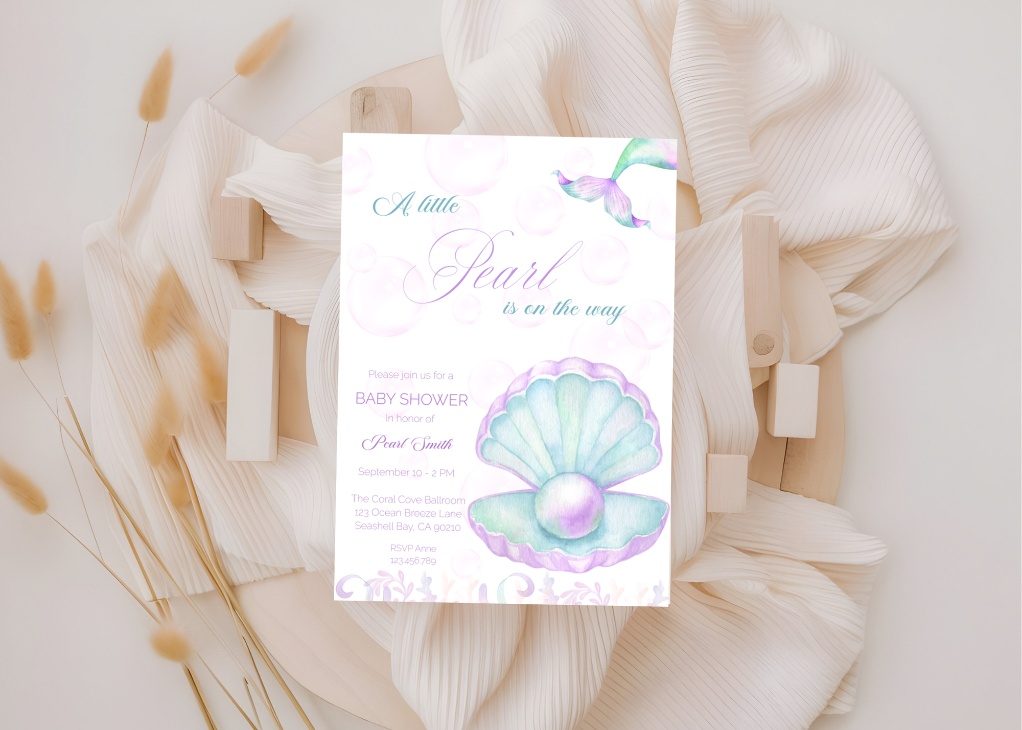 A Little Pearl Baby Shower Invite | Editable Pink Mermaid Baby Shower Invitation Canva Template | Purple Ocean Summer Baby Shower Invitation