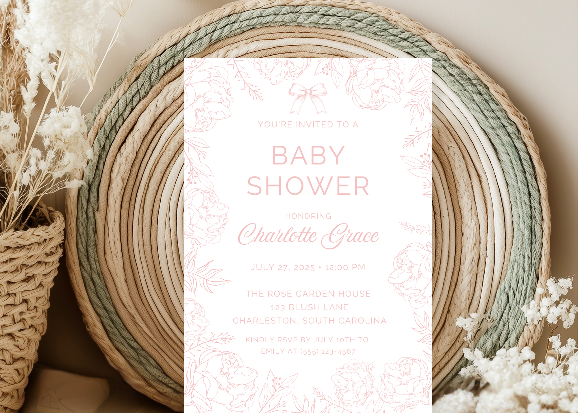 Vintage Pink Toile Baby Shower Invitation | French Pink Blush 5x7 Canva Template | Girl Baby Invite | Editable Printable Digital Download
