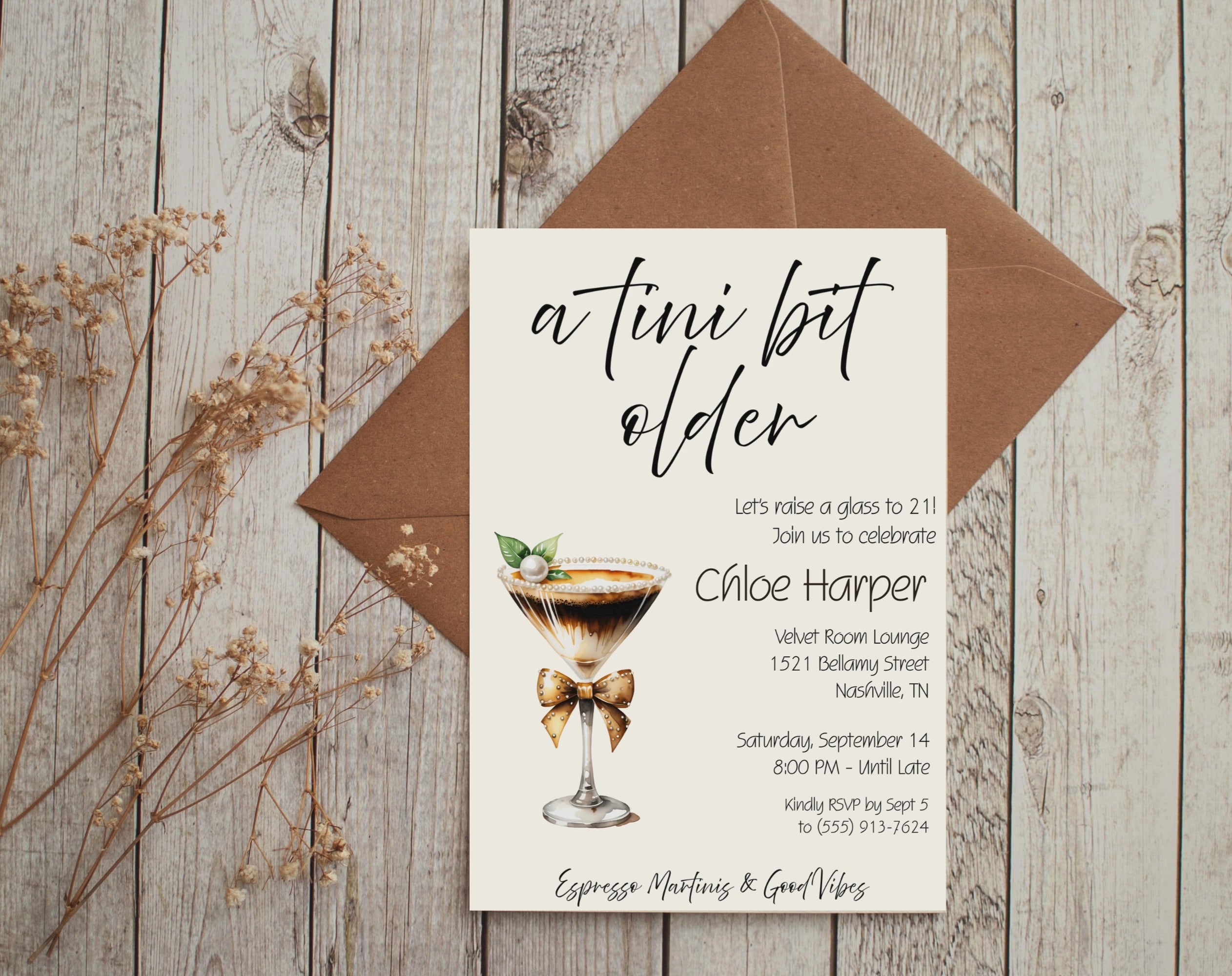 A Tini Bit Older 21st Birthday Invite | Espresso Martini Cocktail Party | Women’s Birthday Invite Drink Bow EDITABLE template in Canva