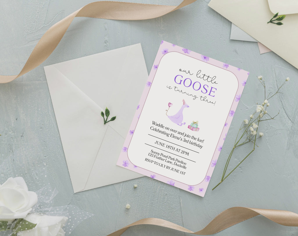 Our Little Goose is Turning 3 Invitation | Editable Purple Pastel Birthday Invite | Canva Template | Printable Digital Download | Farm Party