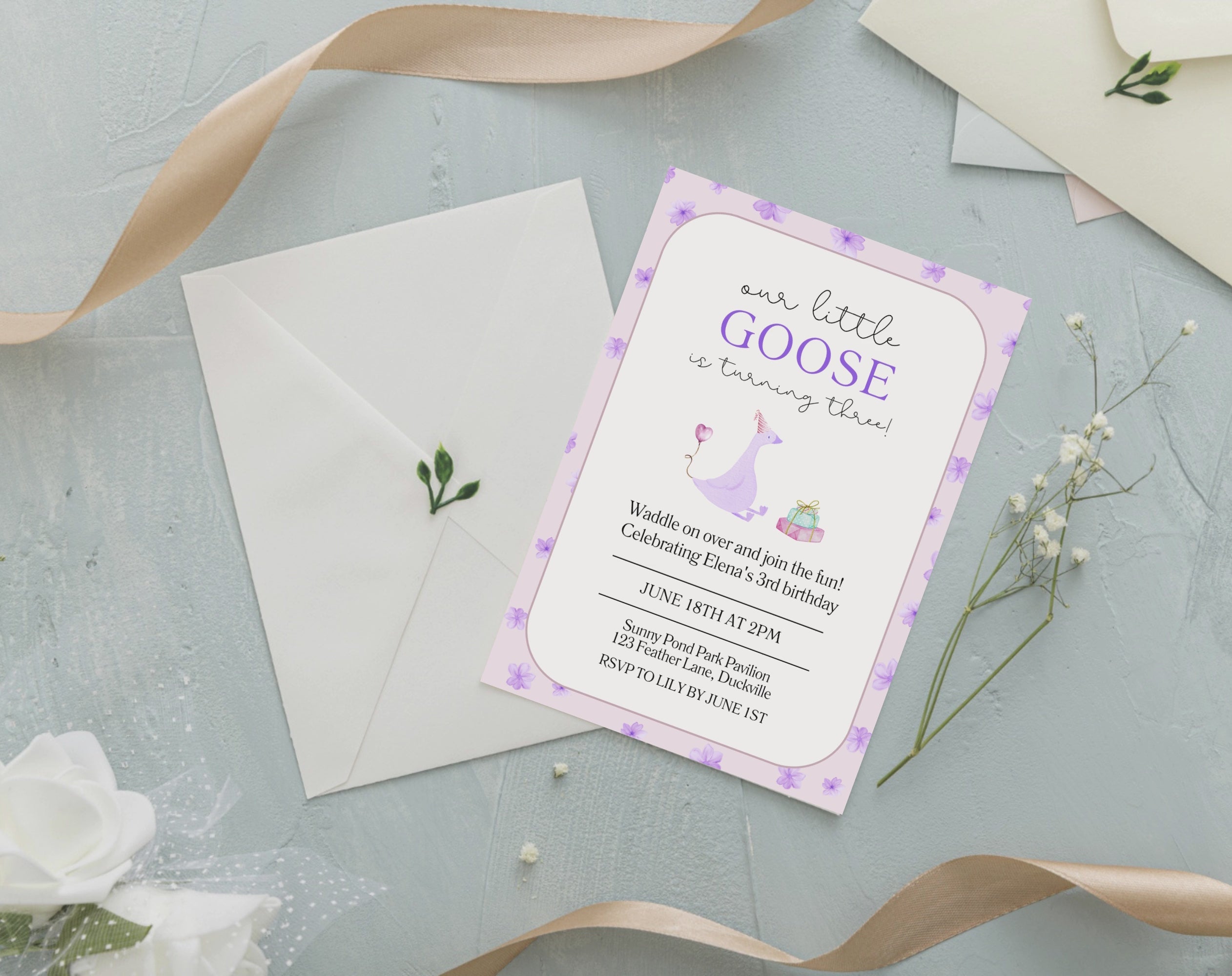 Our Little Goose is Turning 3 Invitation | Editable Purple Pastel Birthday Invite | Canva Template | Printable Digital Download | Farm Party
