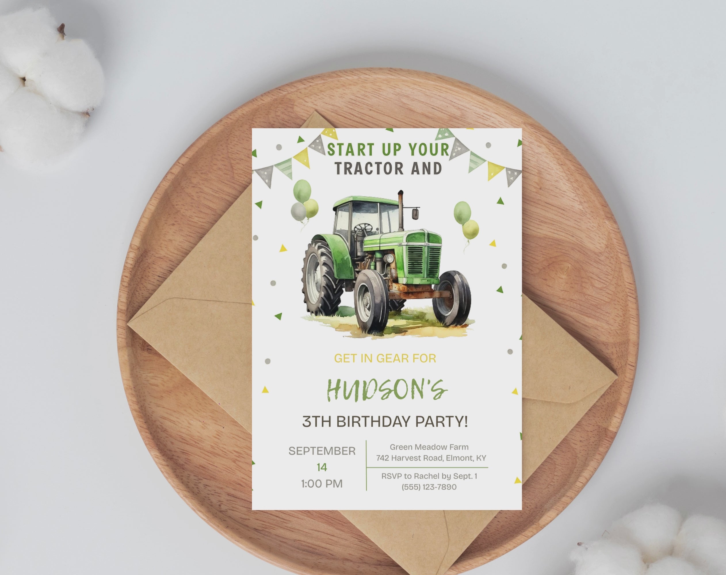 Green Tractor Birthday Invitation | Farm Boy Party Invite | Editable Printable Digital Download | Farm Vehicles Theme Birthday Invite