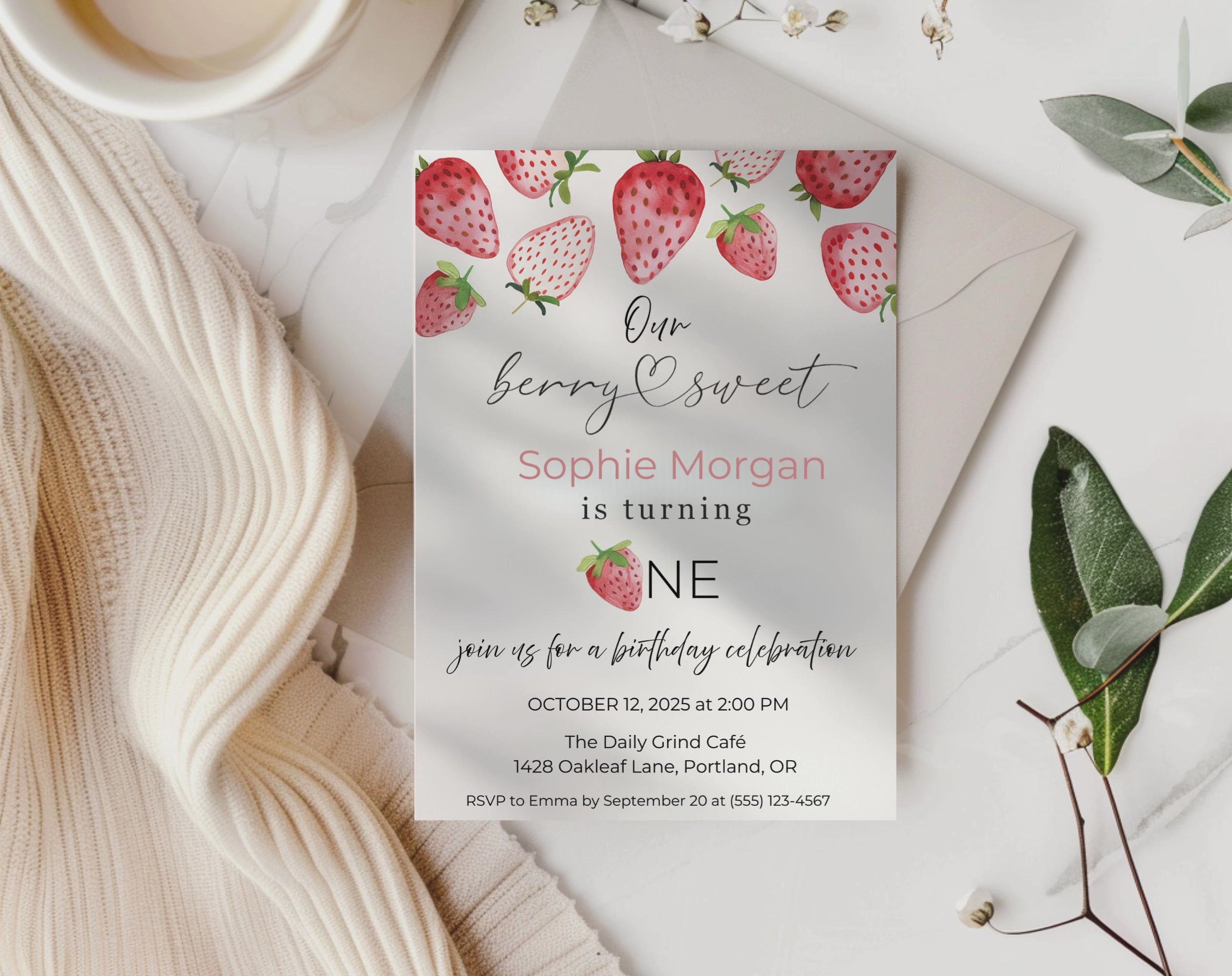 Our Berry Sweet Is Turning One Birthday Invite | Strawberry 1st Birthday Canva Template | Editable 5×7 Printable Digital Download for Girls