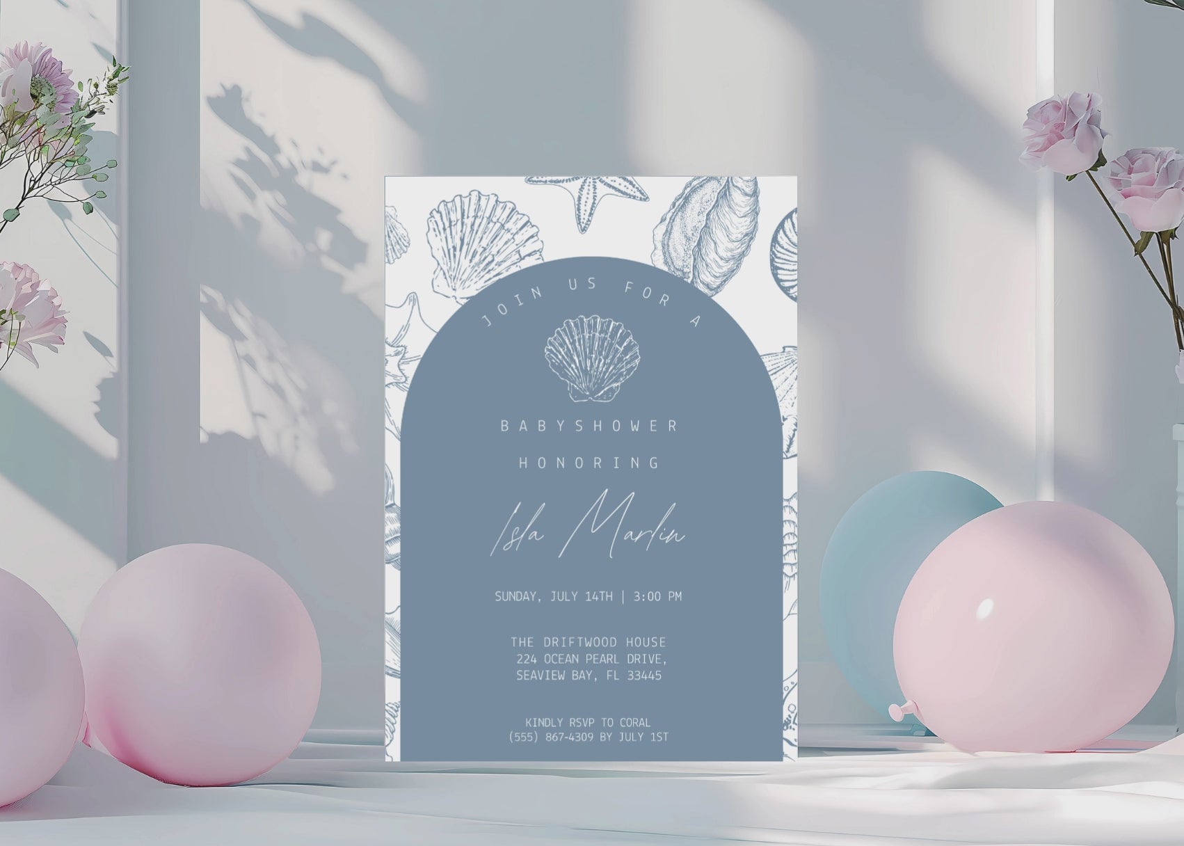Sea You Soon Baby Shower Invitation | Ocean Shell 5×7 Canva Template | Beach Coastal Baby Invite | Editable Printable Digital Download