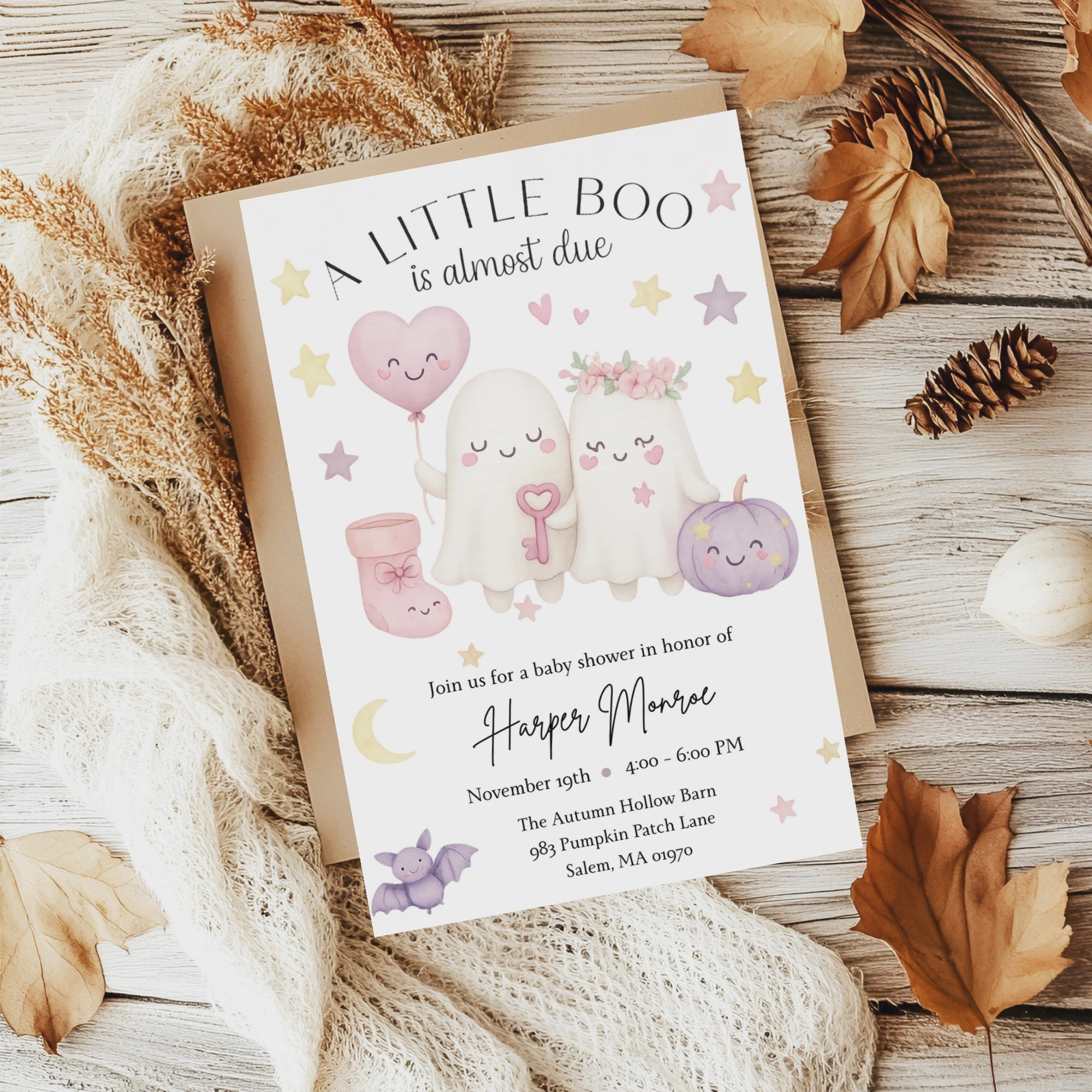 A Little Boo Baby Shower Invitation, Pink Halloween Baby Shower Invitation, Ghost Halloween Girl Baby Shower Invite, Editable Template Pink