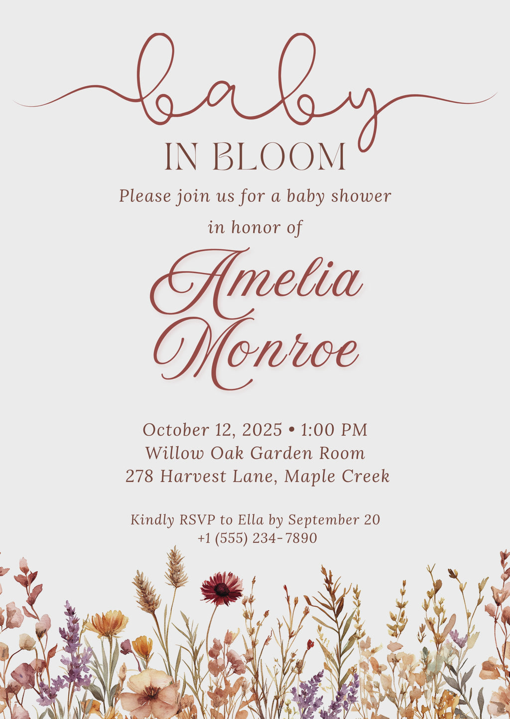Baby in Bloom Baby Shower Invitation | Girly Boho Floral Flower Wildflowers Invite | Canva Template | Editable Printable Digital Download
