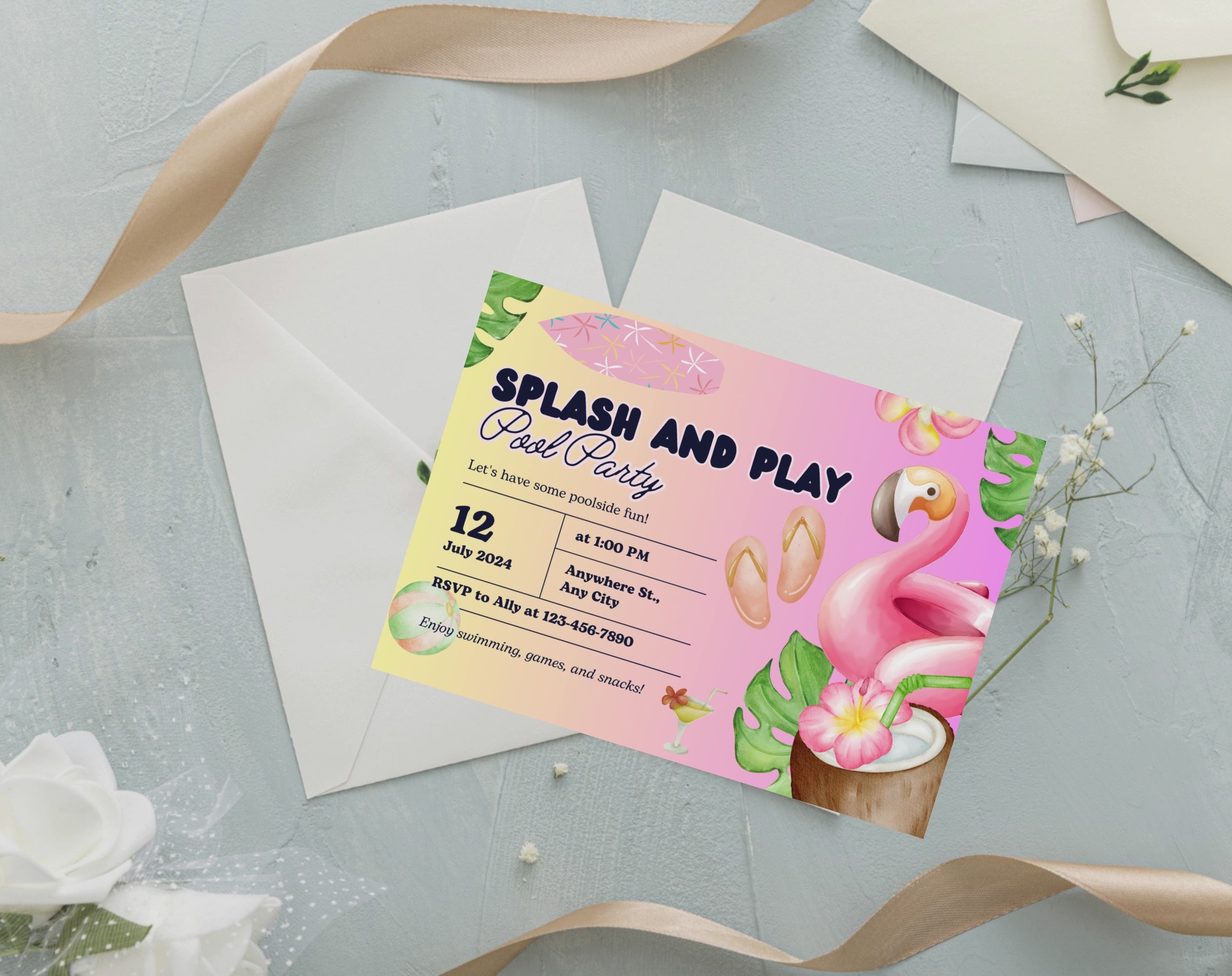 Flamingo Pool Party Invitation | Let's Flamingle Birthday Invite | Tropical Summer Bash | Editable Canva Template | Instant Download