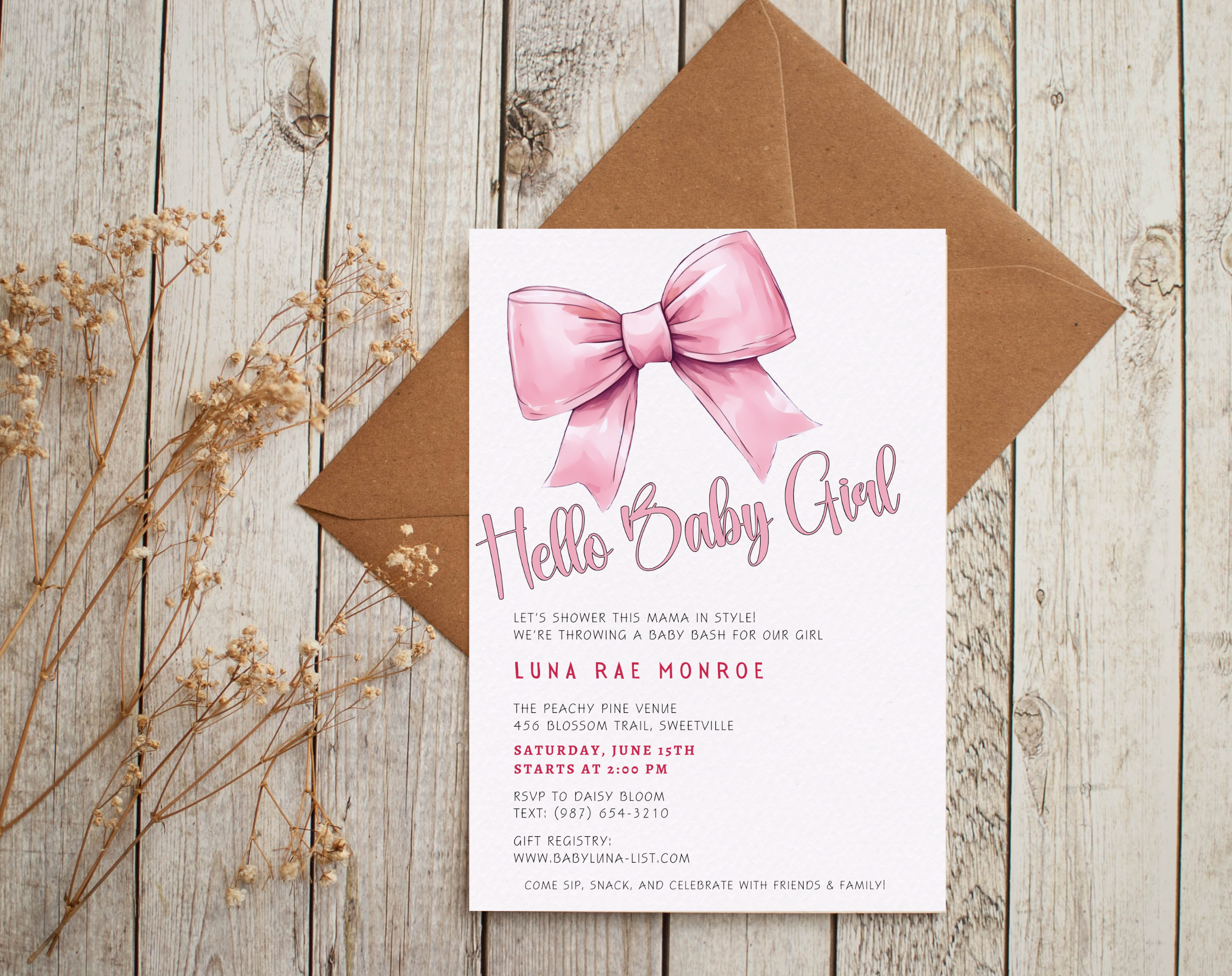 Editable Baby Shower Invitation Girl | Pink Floral Baby Invite Canva Template | Digital Download | Printable Baby Shower Invite 5x7