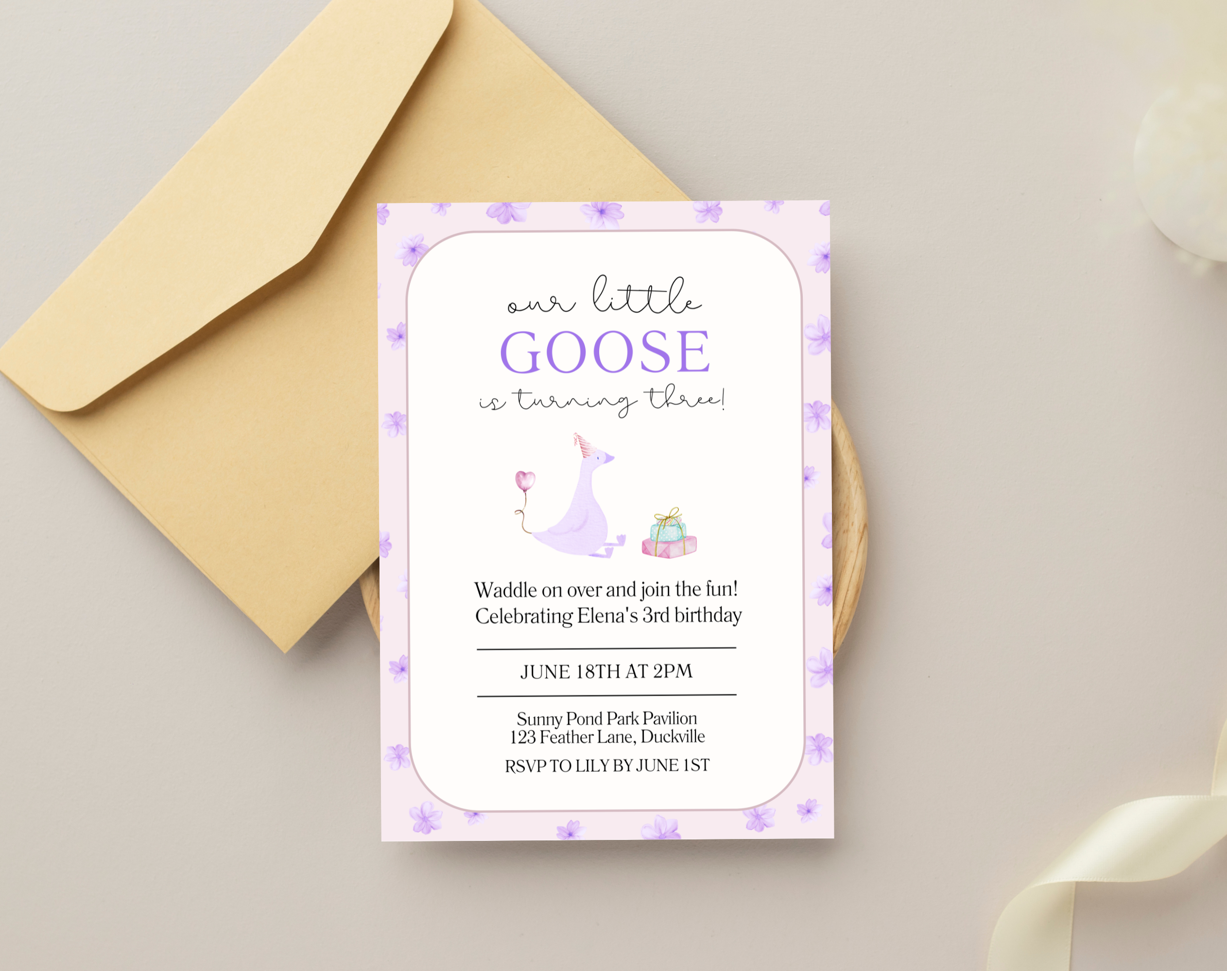 Our Little Goose is Turning 3 Invitation | Editable Purple Pastel Birthday Invite | Canva Template | Printable Digital Download | Farm Party