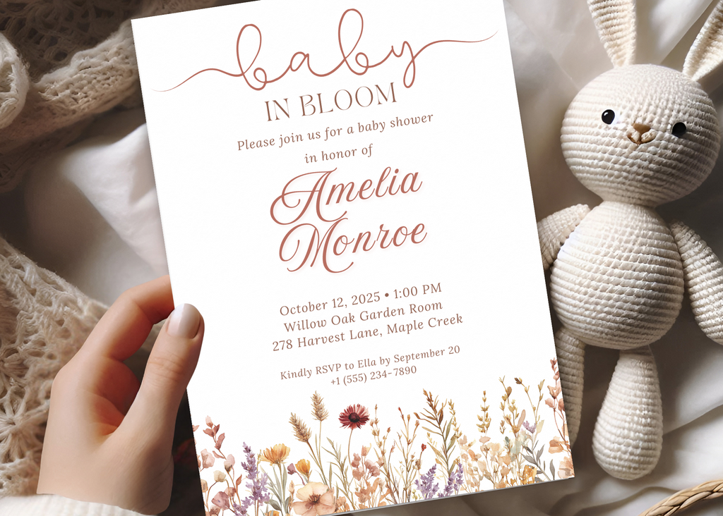 Baby in Bloom Baby Shower Invitation | Girly Boho Floral Flower Wildflowers Invite | Canva Template | Editable Printable Digital Download