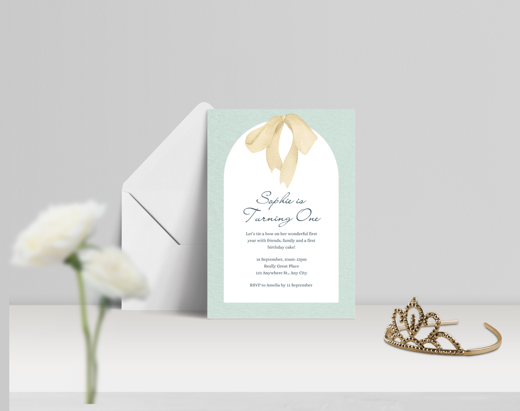 First Birthday Invitation Girl | Light Green Yellow Bow Theme | Editable Canva Template | Printable 1st Birthday Party Invite for Her