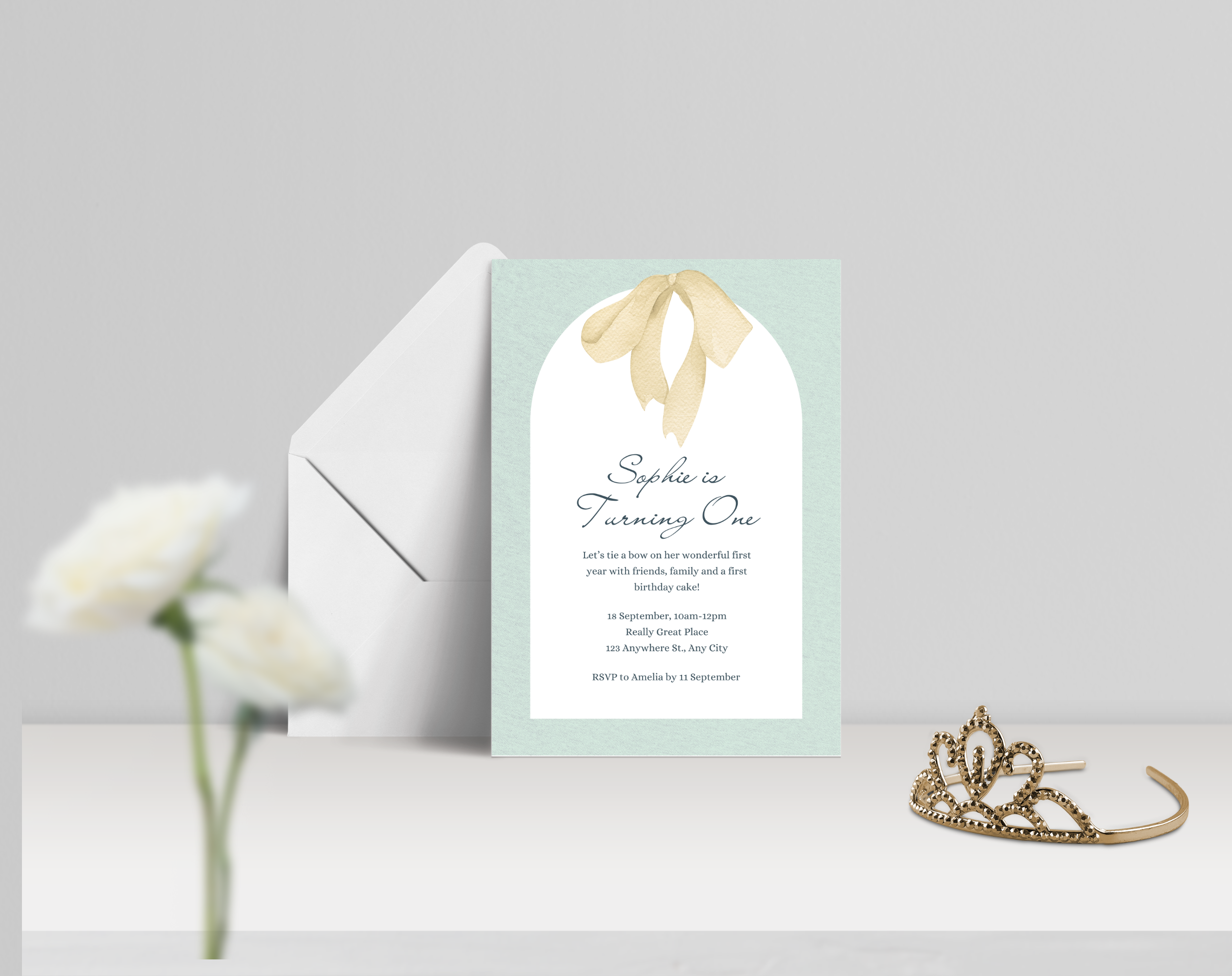 First Birthday Invitation Girl | Light Green Yellow Bow Theme | Editable Canva Template | Printable 1st Birthday Party Invite for Her