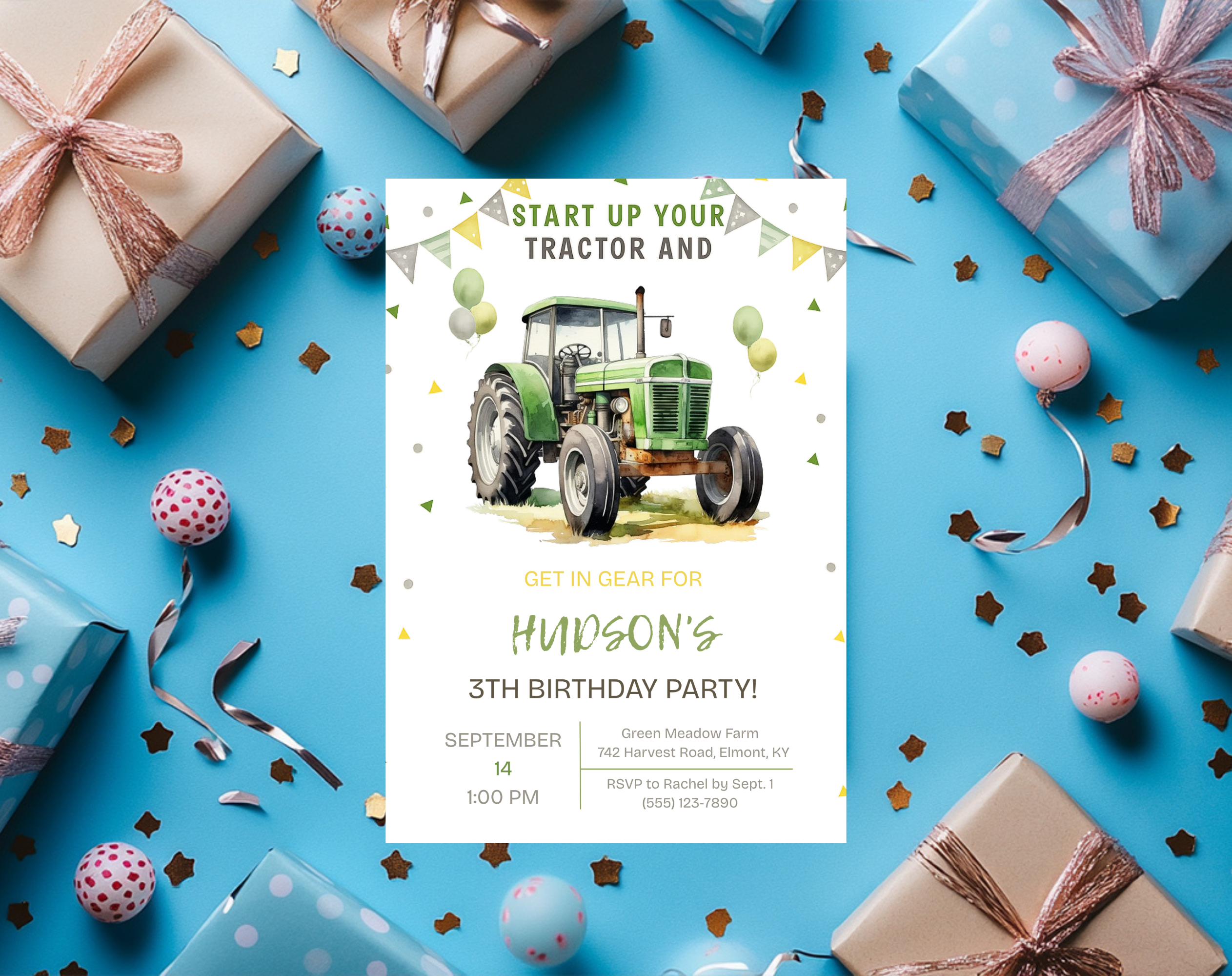 Green Tractor Birthday Invitation | Farm Boy Party Invite | Editable Printable Digital Download | Farm Vehicles Theme Birthday Invite
