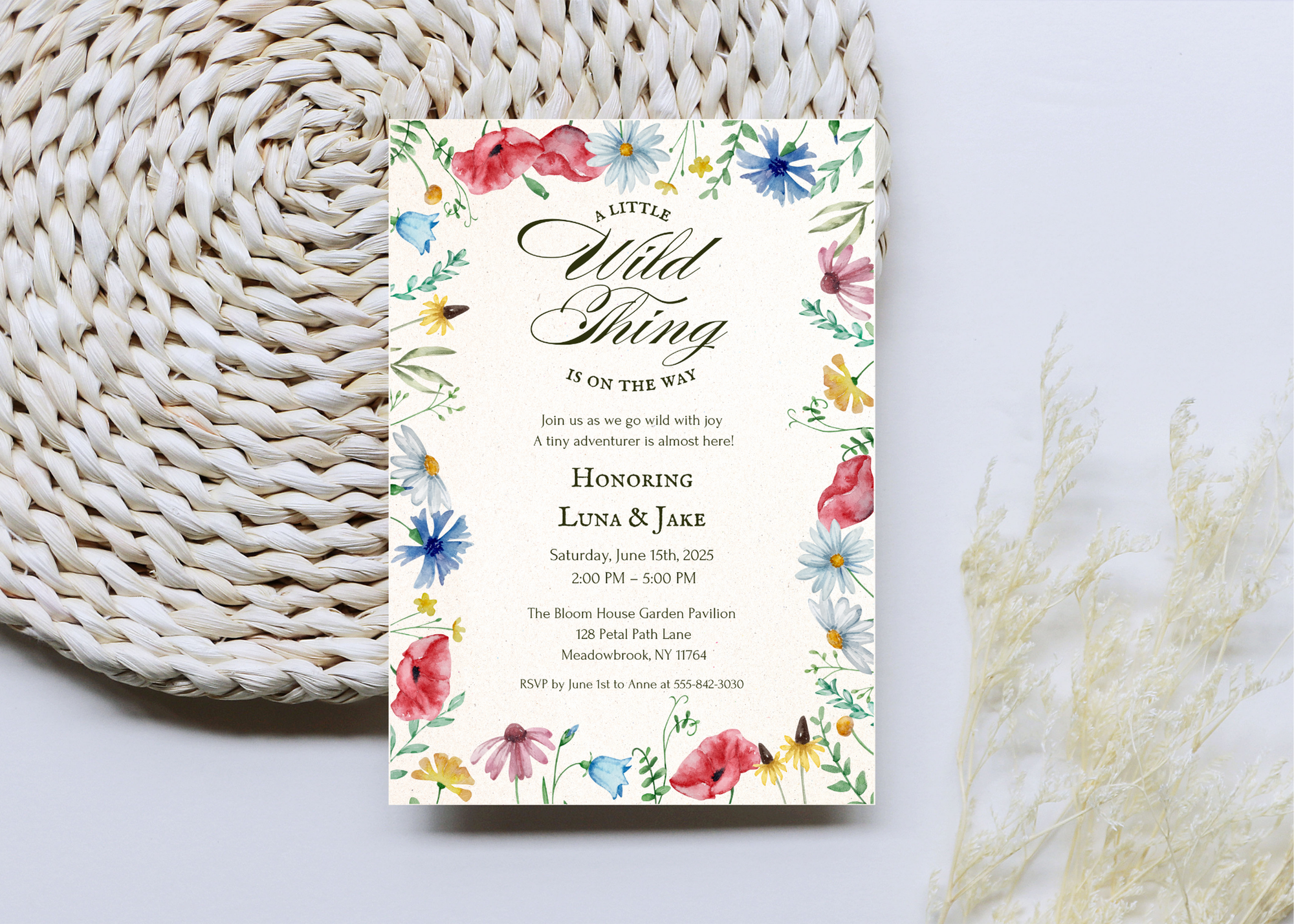 A Little Wildflower Is on the Way – Editable Baby Shower Invitation | Canva Template | Printable Floral Invite for Girl Baby Shower