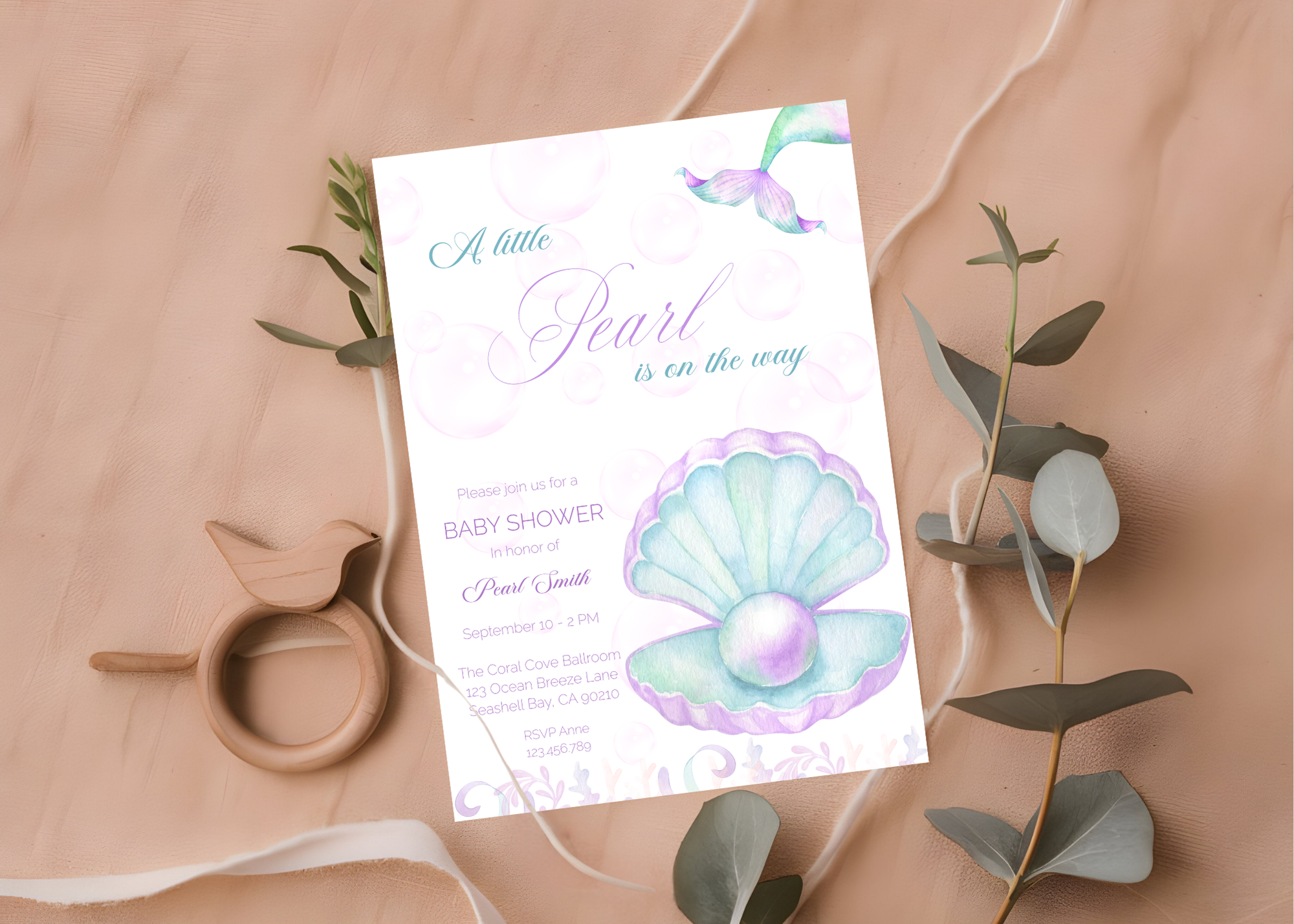 A Little Pearl Baby Shower Invite | Editable Pink Mermaid Baby Shower Invitation Canva Template | Purple Ocean Summer Baby Shower Invitation