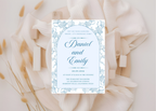 Blue Toile Wedding Invitation | French Chinoiserie Floral Suite | Editable Canva Template | Dusty Blue Printable Elegant Wedding Invite