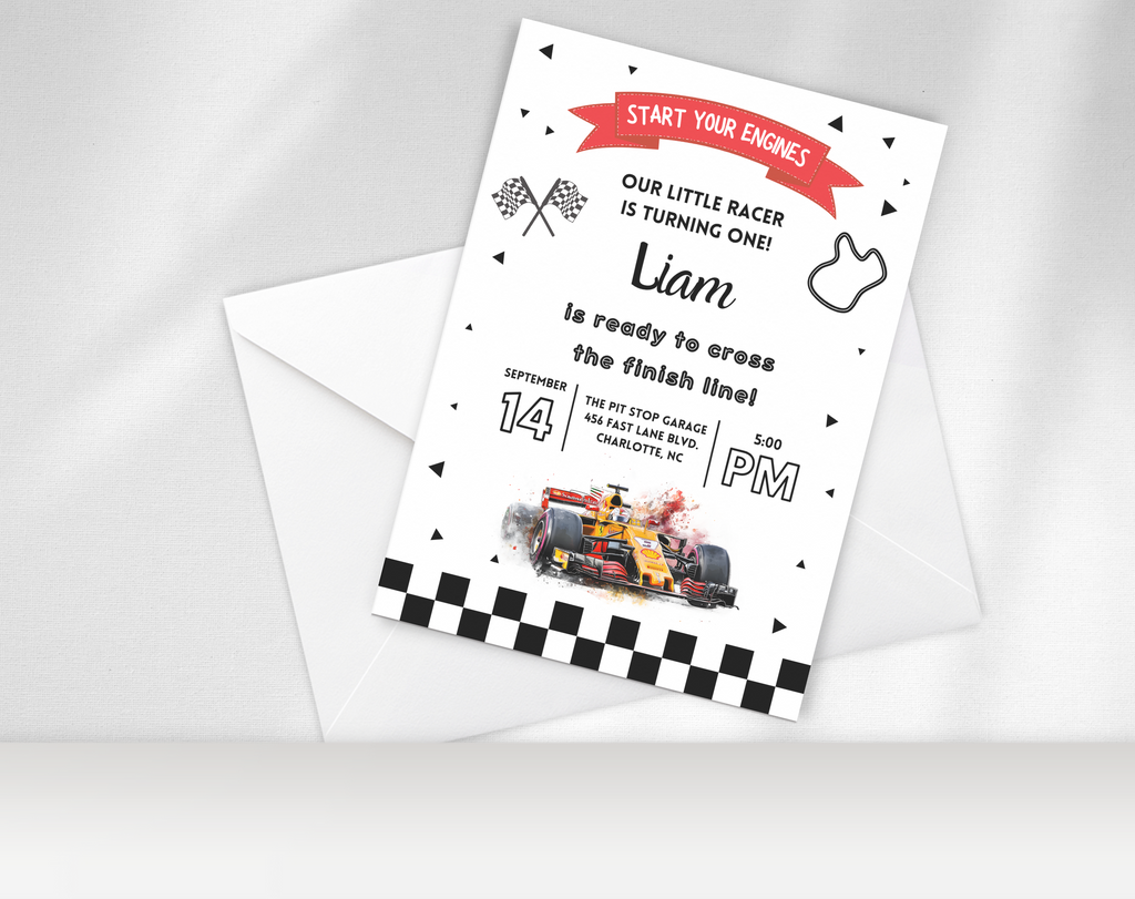Race Car 1st Birthday Invitation for Boys | Formula One Racing Theme | Editable 5x7 Canva Template | Printable Digital Download Invite