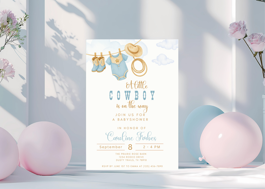 A Little Cowboy is on the Way Invitation | Editable Western Baby Shower Template | Rustic Rodeo Theme | Printable Digital Download