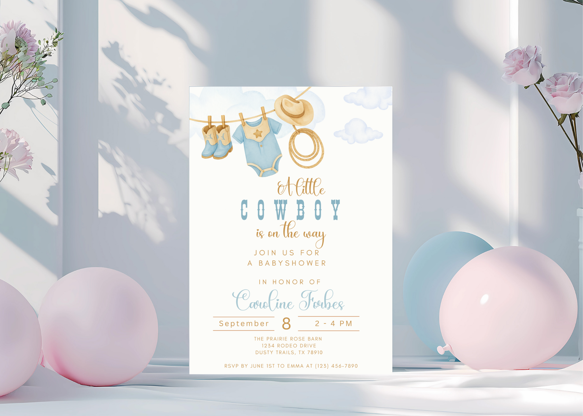 A Little Cowboy is on the Way Invitation | Editable Western Baby Shower Template | Rustic Rodeo Theme | Printable Digital Download