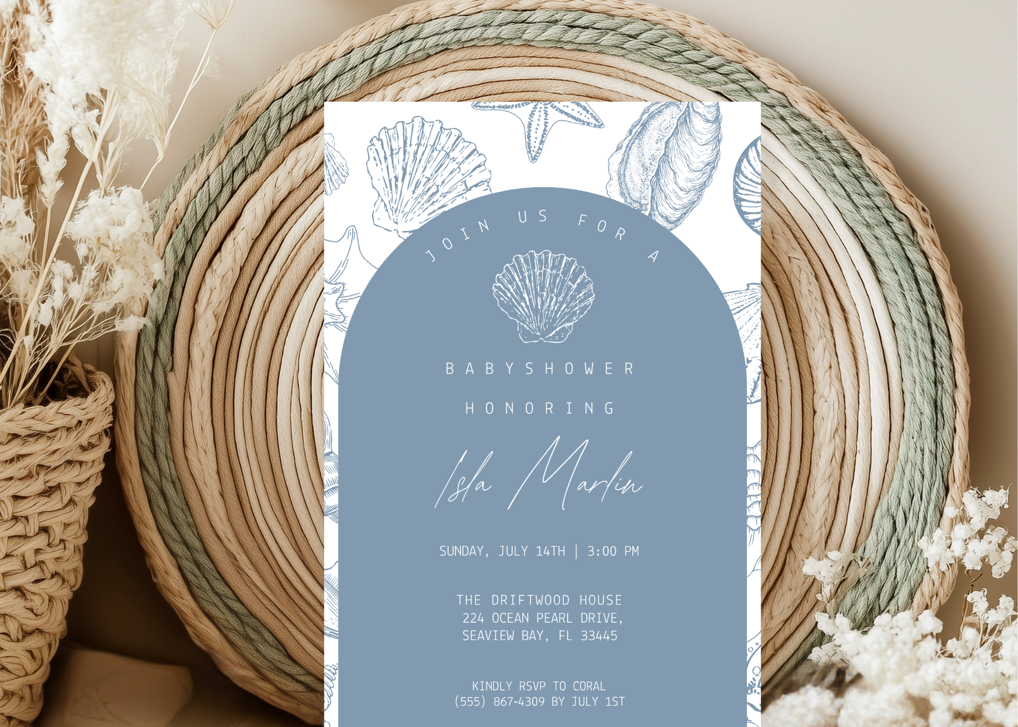 Sea You Soon Baby Shower Invitation | Ocean Shell 5×7 Canva Template | Beach Coastal Baby Invite | Editable Printable Digital Download