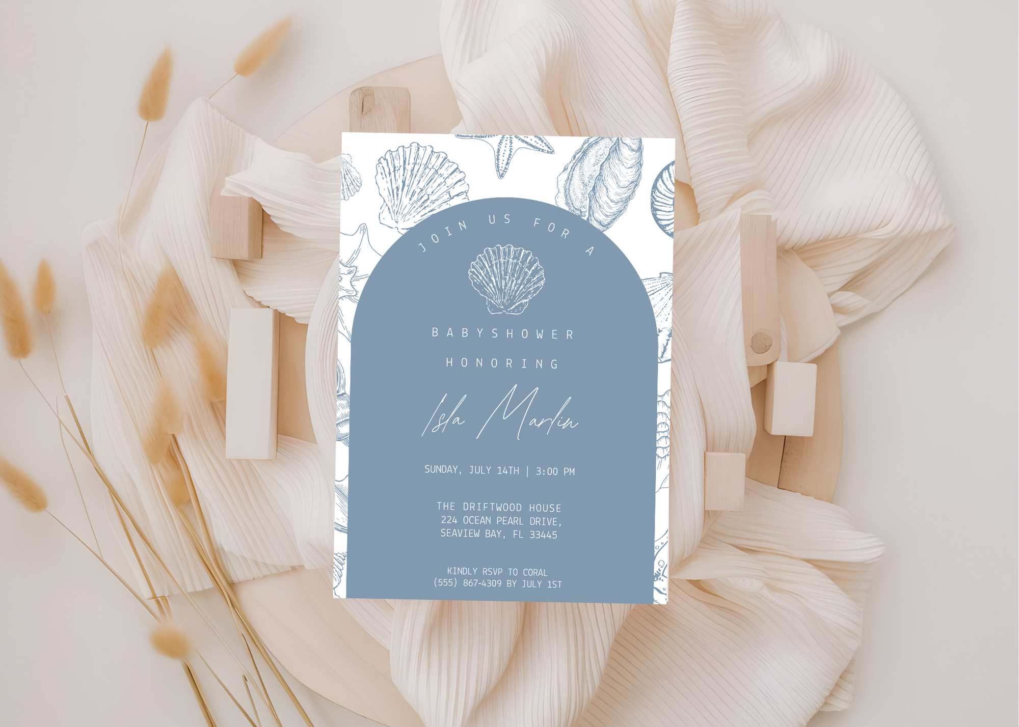 Sea You Soon Baby Shower Invitation | Ocean Shell 5×7 Canva Template | Beach Coastal Baby Invite | Editable Printable Digital Download