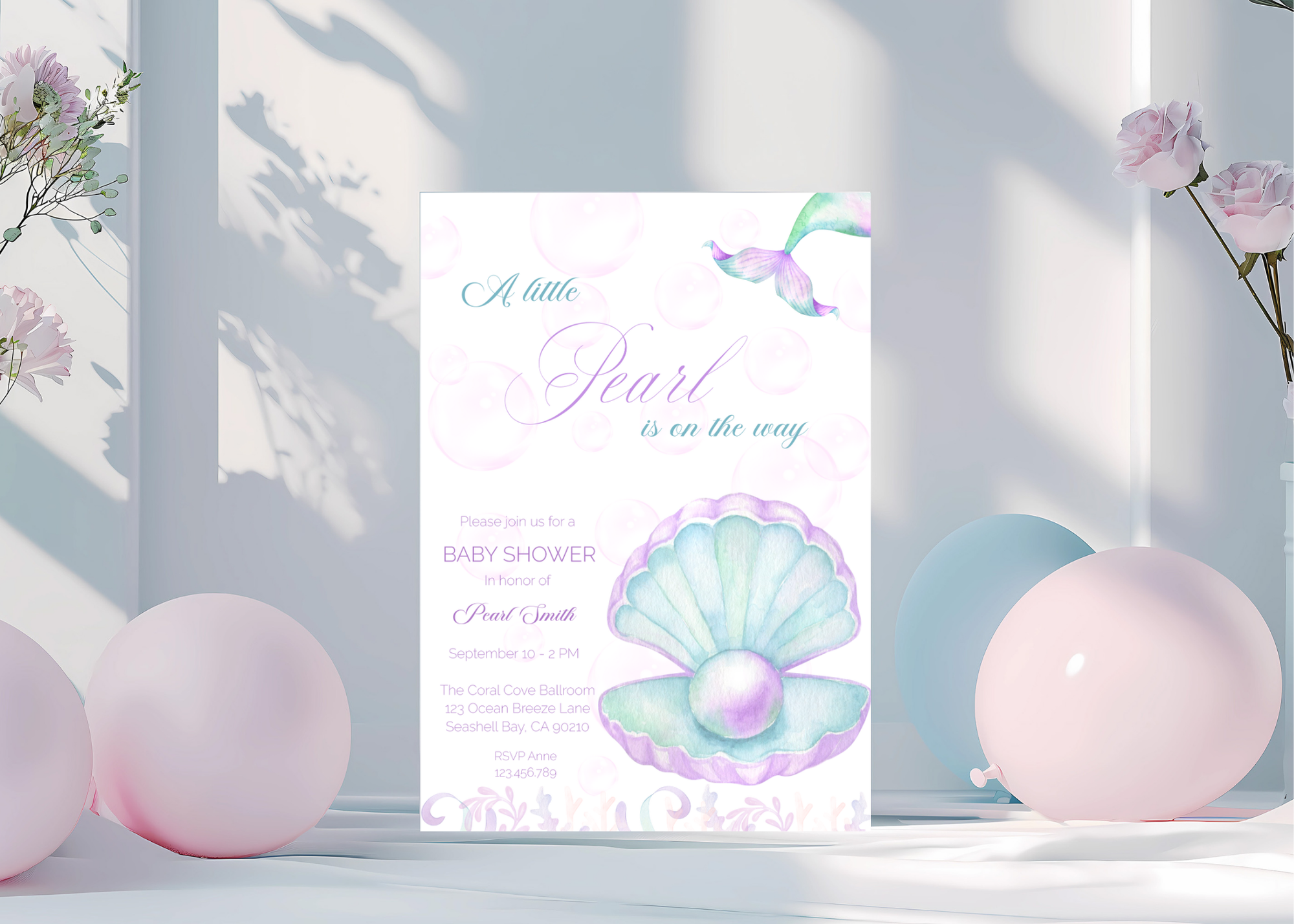 A Little Pearl Baby Shower Invite | Editable Pink Mermaid Baby Shower Invitation Canva Template | Purple Ocean Summer Baby Shower Invitation