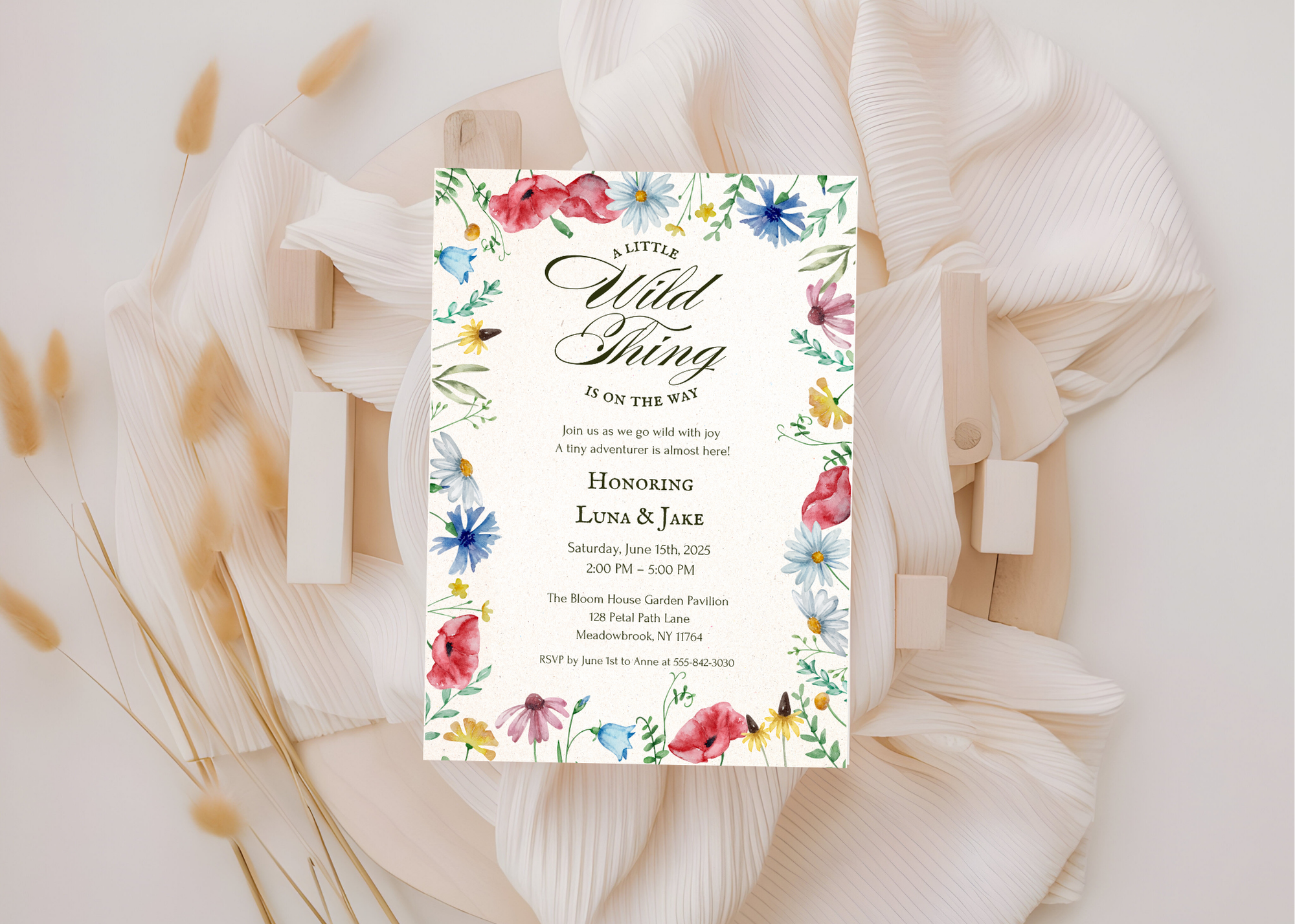 A Little Wildflower Is on the Way – Editable Baby Shower Invitation | Canva Template | Printable Floral Invite for Girl Baby Shower