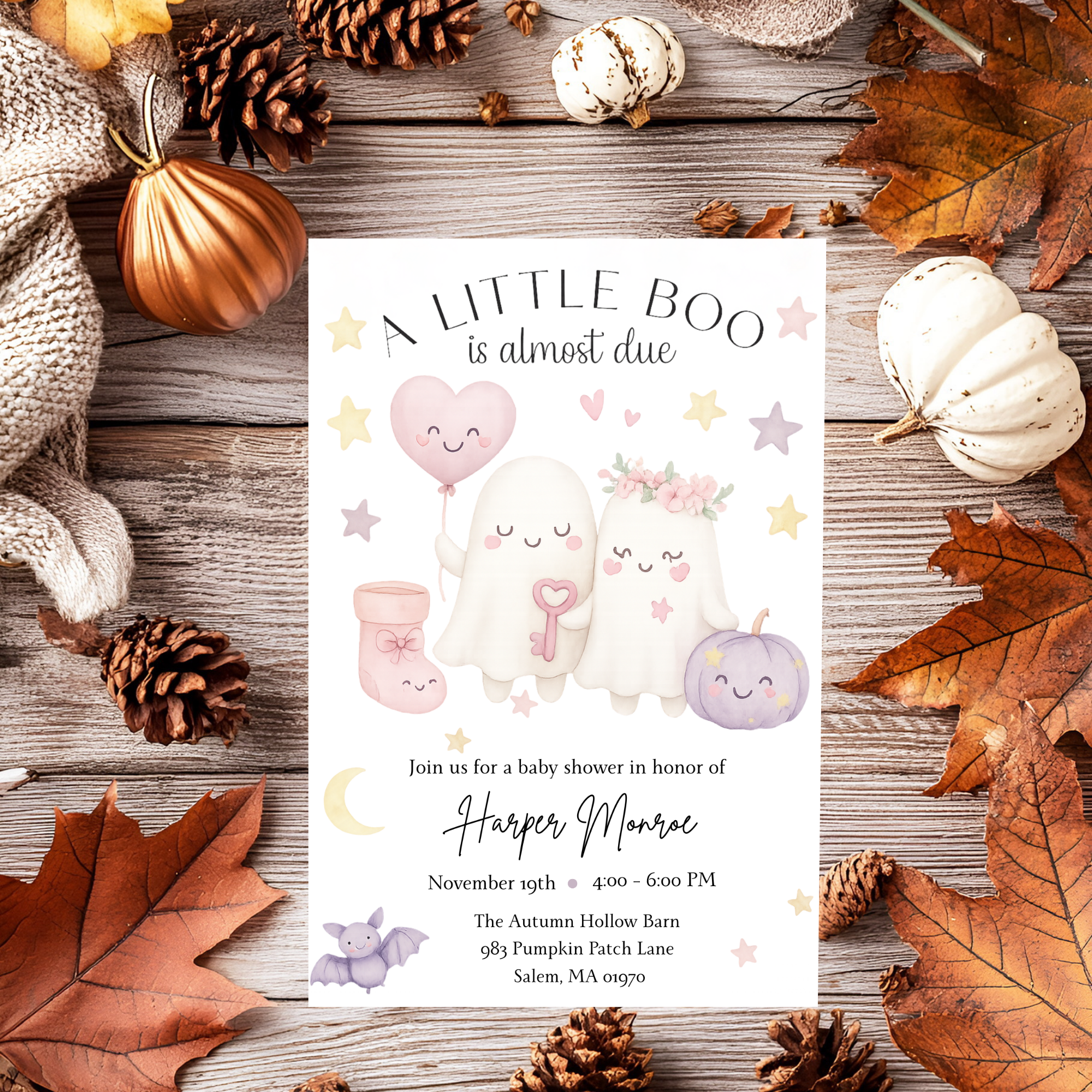 A Little Boo Baby Shower Invitation, Pink Halloween Baby Shower Invitation, Ghost Halloween Girl Baby Shower Invite, Editable Template Pink
