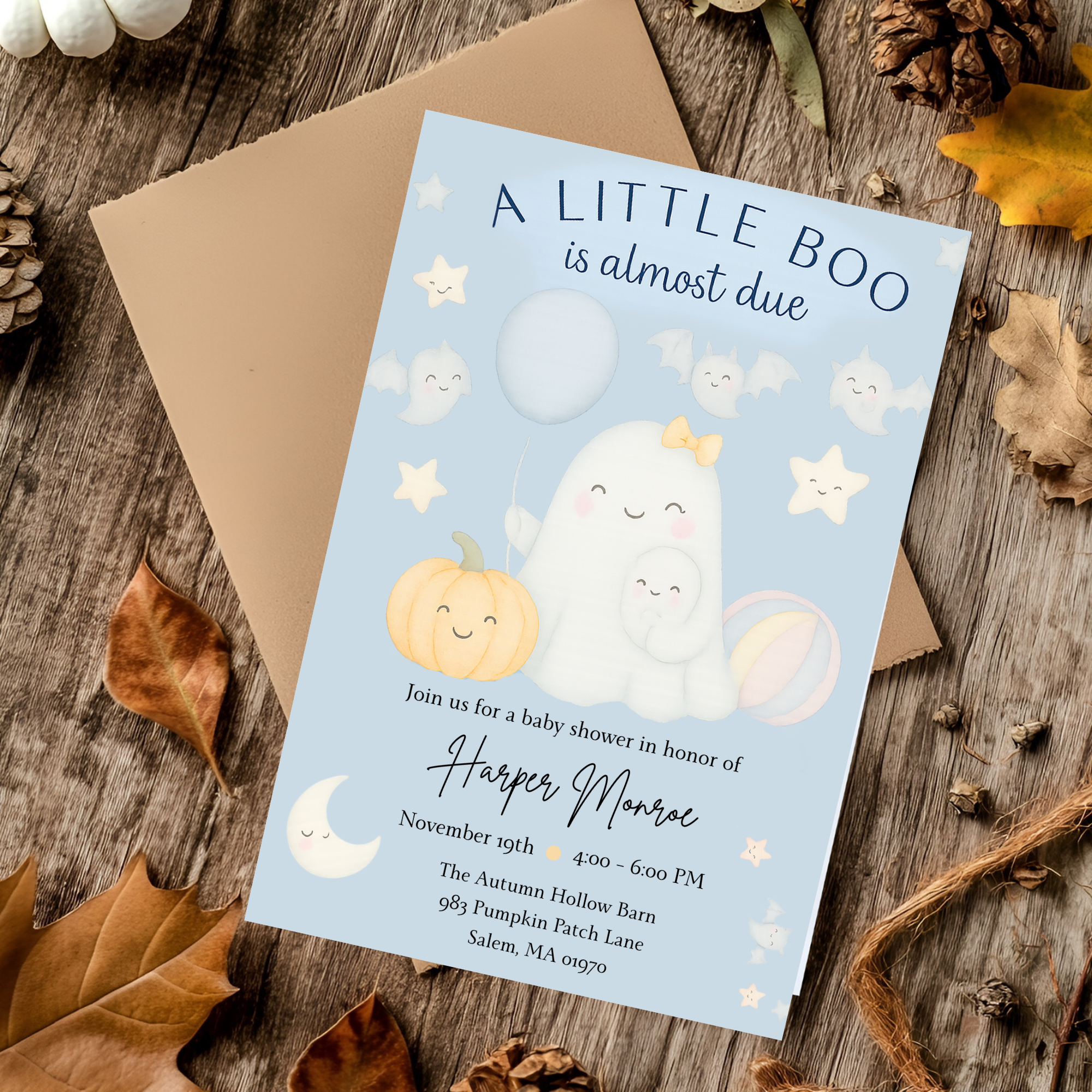 A Little Boo Baby Shower Invitation, Blue Halloween Baby Shower Invitation, Ghost Halloween Boy Baby Shower Invite, Editable Template Blue