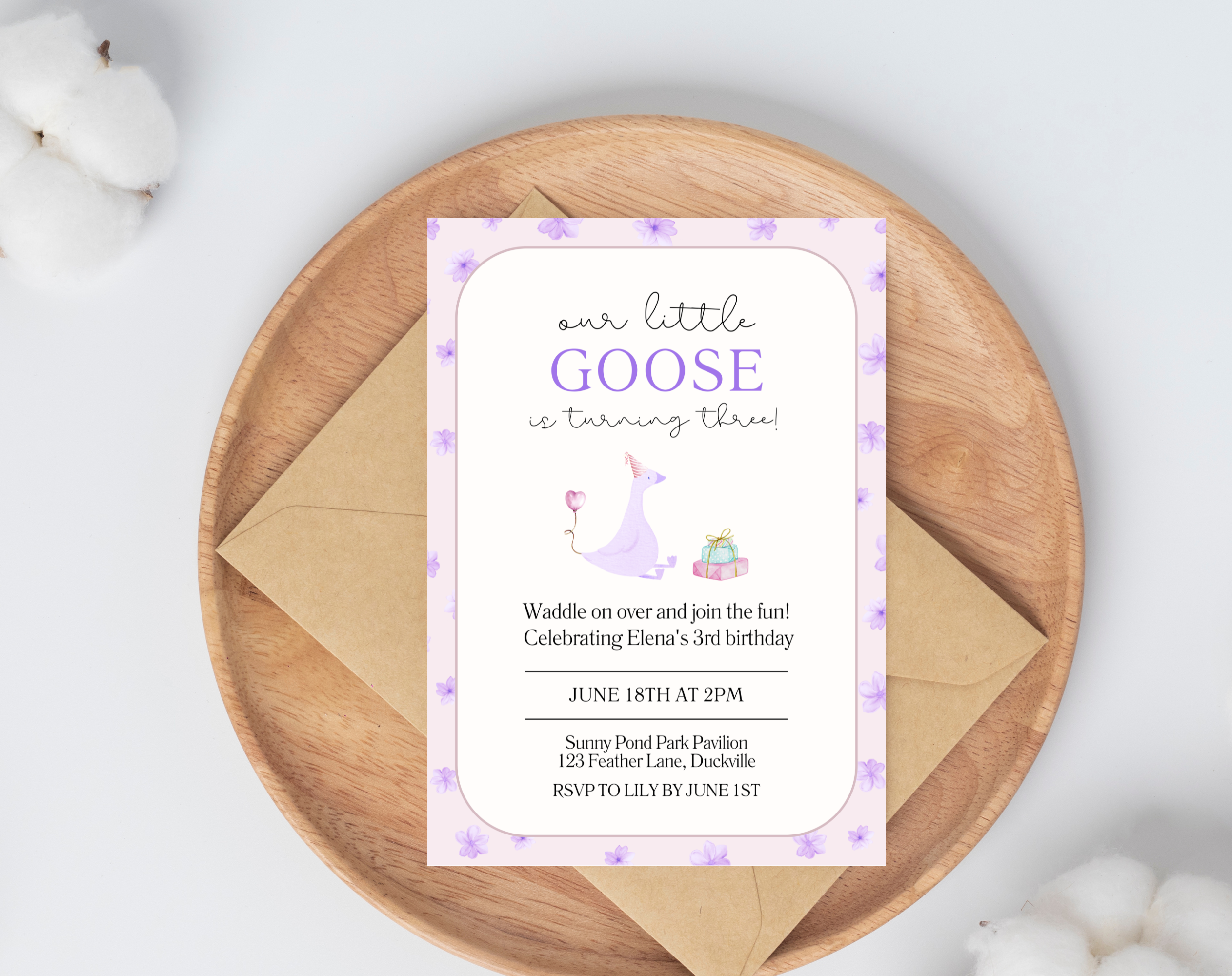 Our Little Goose is Turning 3 Invitation | Editable Purple Pastel Birthday Invite | Canva Template | Printable Digital Download | Farm Party