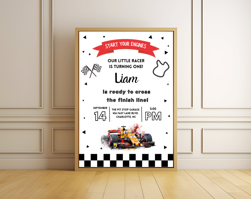 Race Car 1st Birthday Invitation for Boys | Formula One Racing Theme | Editable 5x7 Canva Template | Printable Digital Download Invite