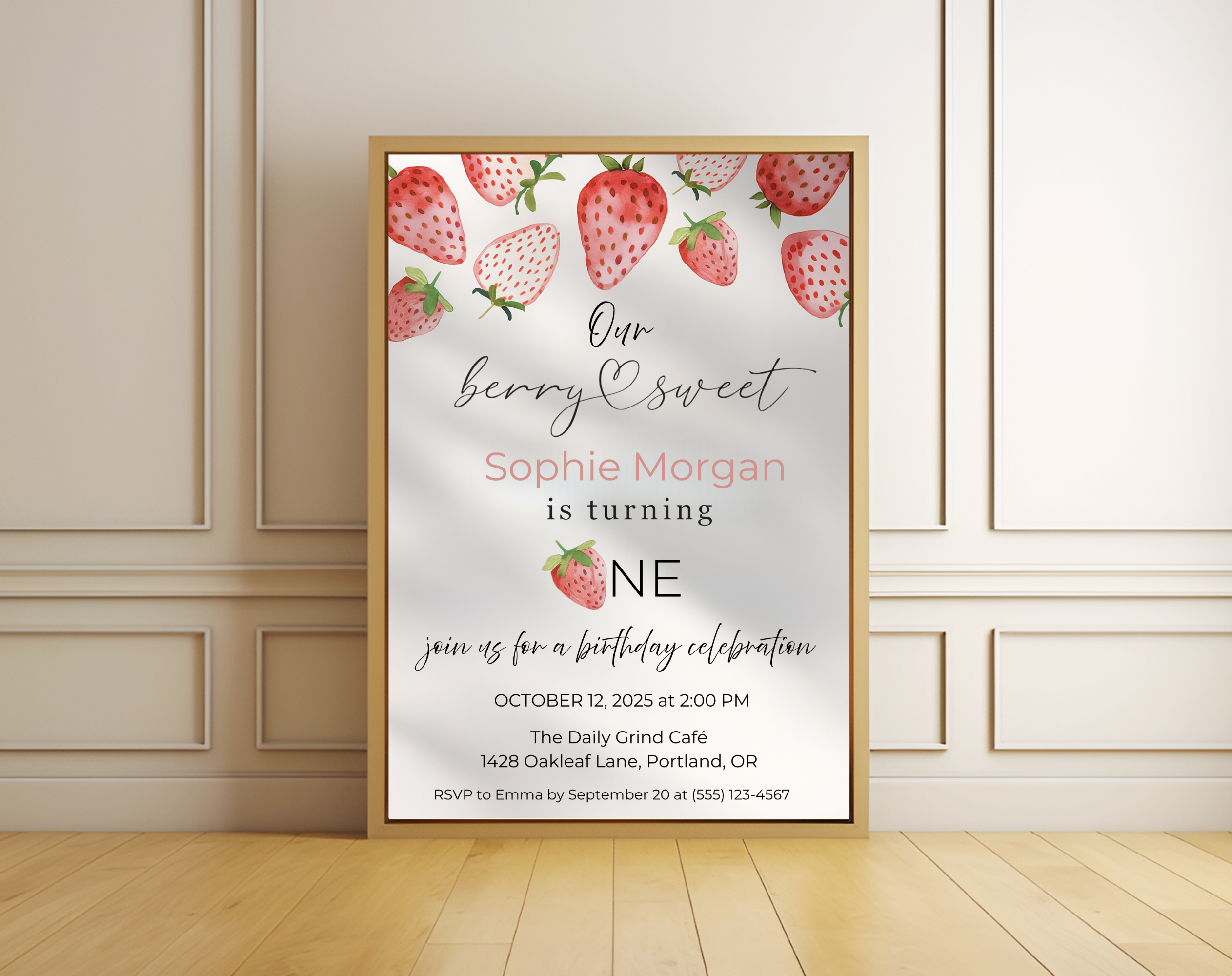 Our Berry Sweet Is Turning One Birthday Invite | Strawberry 1st Birthday Canva Template | Editable 5×7 Printable Digital Download for Girls