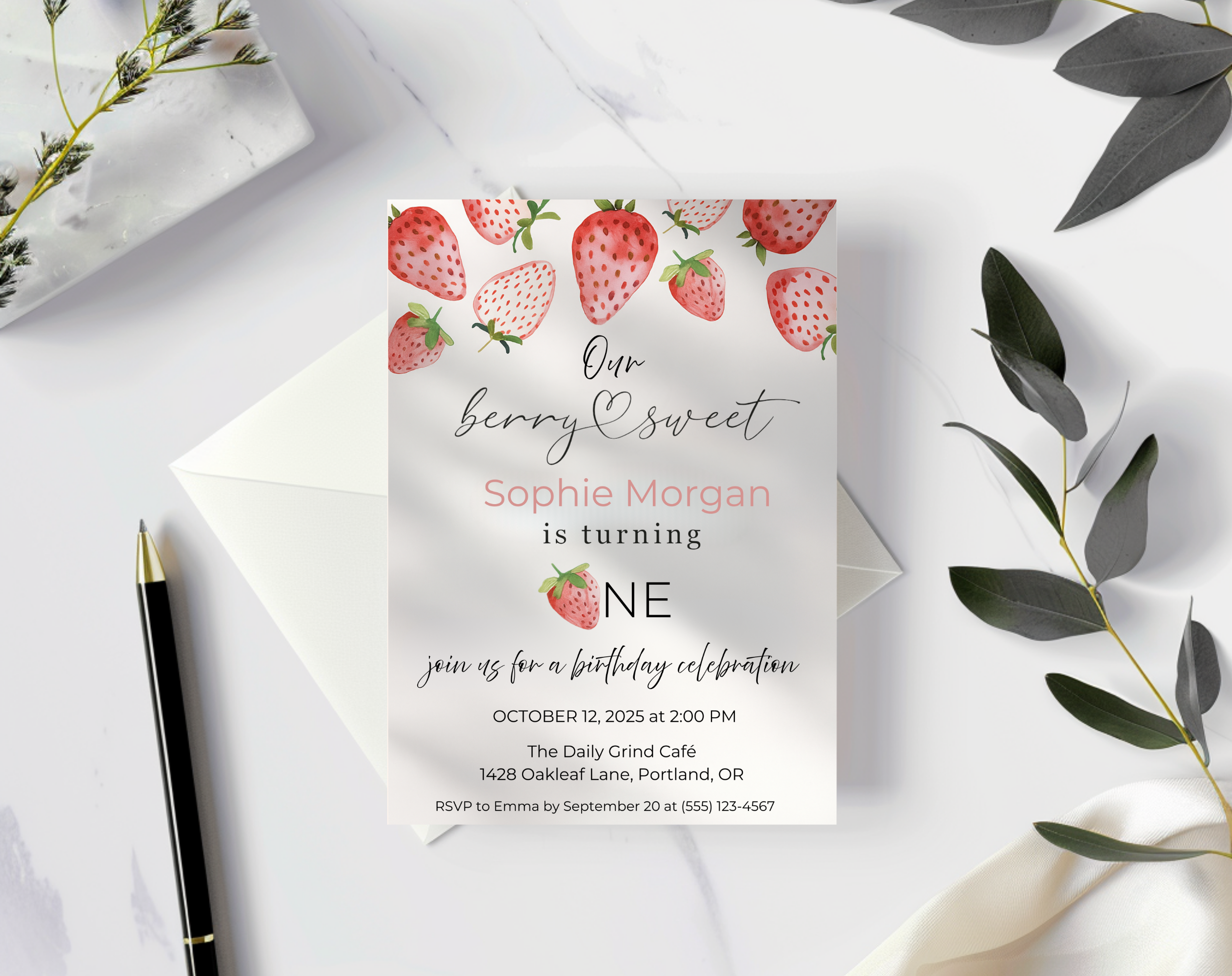 Our Berry Sweet Is Turning One Birthday Invite | Strawberry 1st Birthday Canva Template | Editable 5×7 Printable Digital Download for Girls