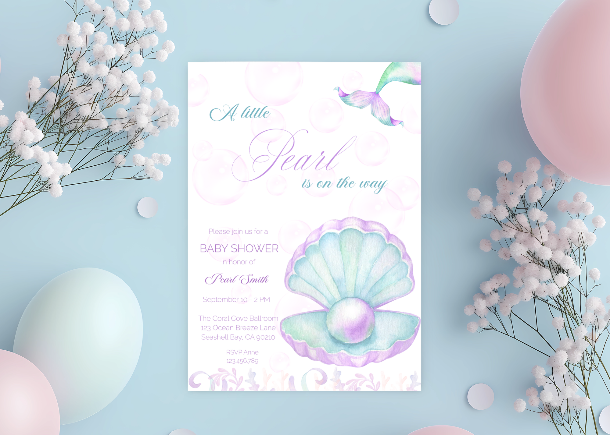 A Little Pearl Baby Shower Invite | Editable Pink Mermaid Baby Shower Invitation Canva Template | Purple Ocean Summer Baby Shower Invitation
