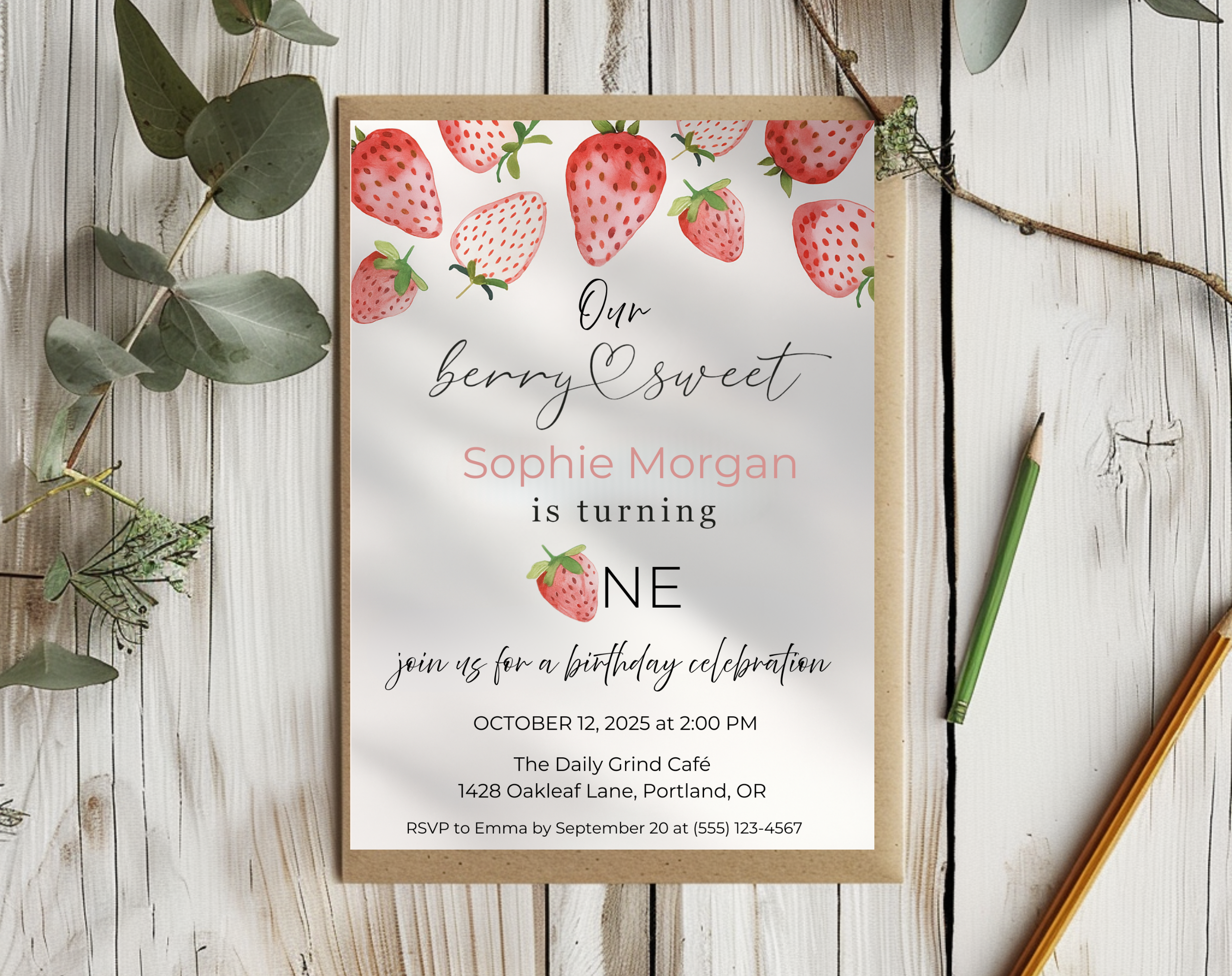 Our Berry Sweet Is Turning One Birthday Invite | Strawberry 1st Birthday Canva Template | Editable 5×7 Printable Digital Download for Girls