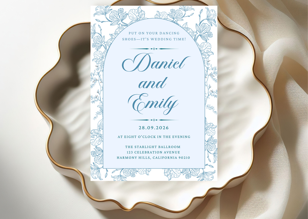 Blue Toile Wedding Invitation | French Chinoiserie Floral Suite | Editable Canva Template | Dusty Blue Printable Elegant Wedding Invite