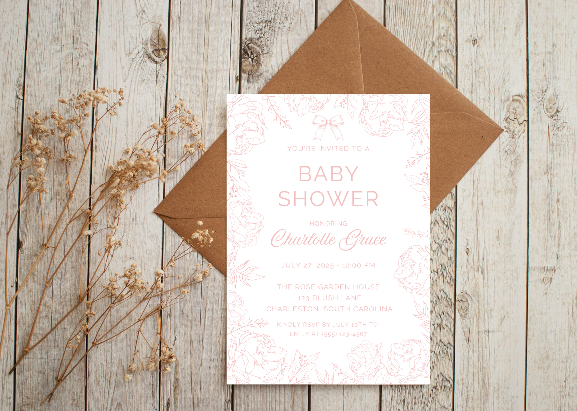 Vintage Pink Toile Baby Shower Invitation | French Pink Blush 5x7 Canva Template | Girl Baby Invite | Editable Printable Digital Download