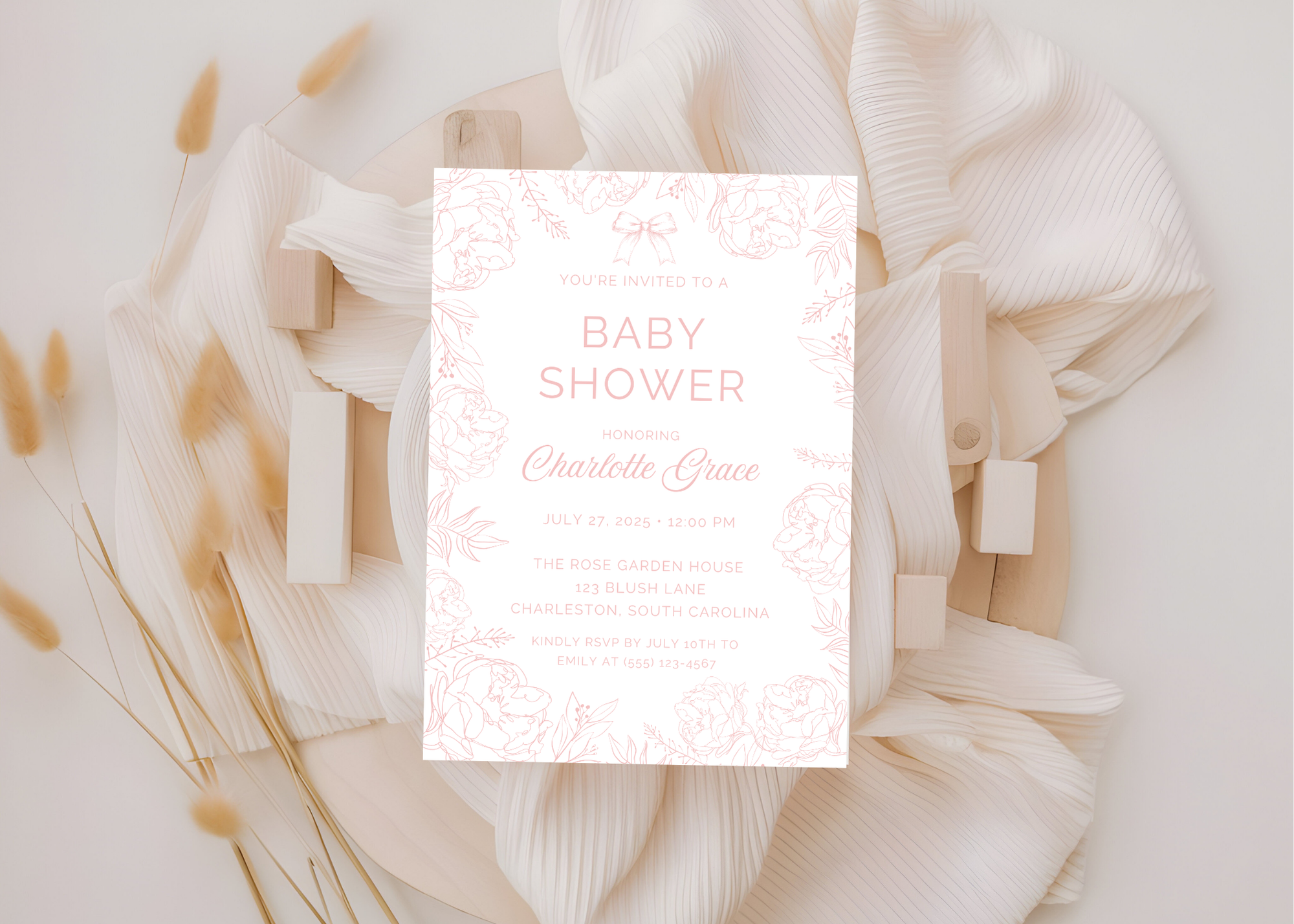 Vintage Pink Toile Baby Shower Invitation | French Pink Blush 5x7 Canva Template | Girl Baby Invite | Editable Printable Digital Download