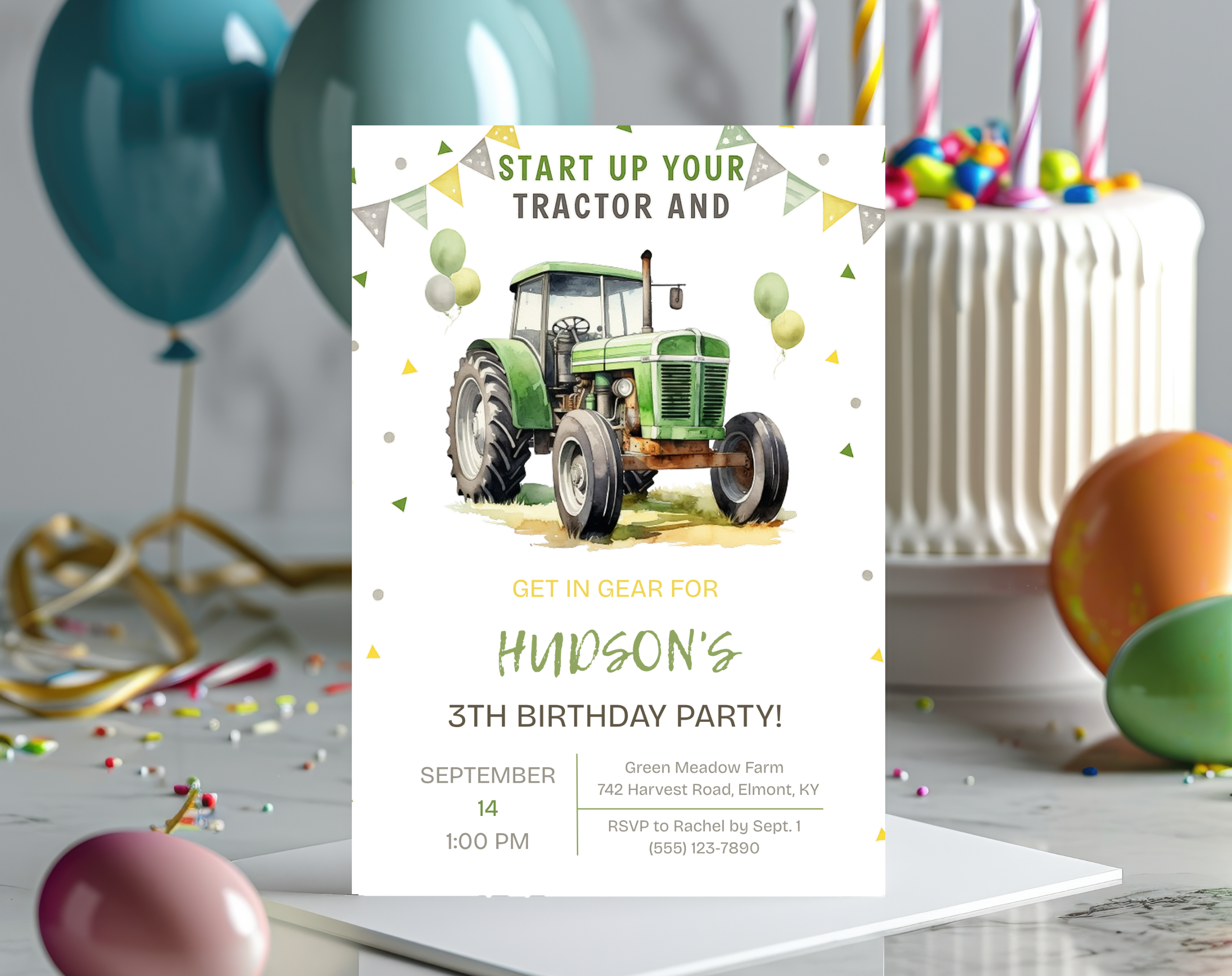 Green Tractor Birthday Invitation | Farm Boy Party Invite | Editable Printable Digital Download | Farm Vehicles Theme Birthday Invite