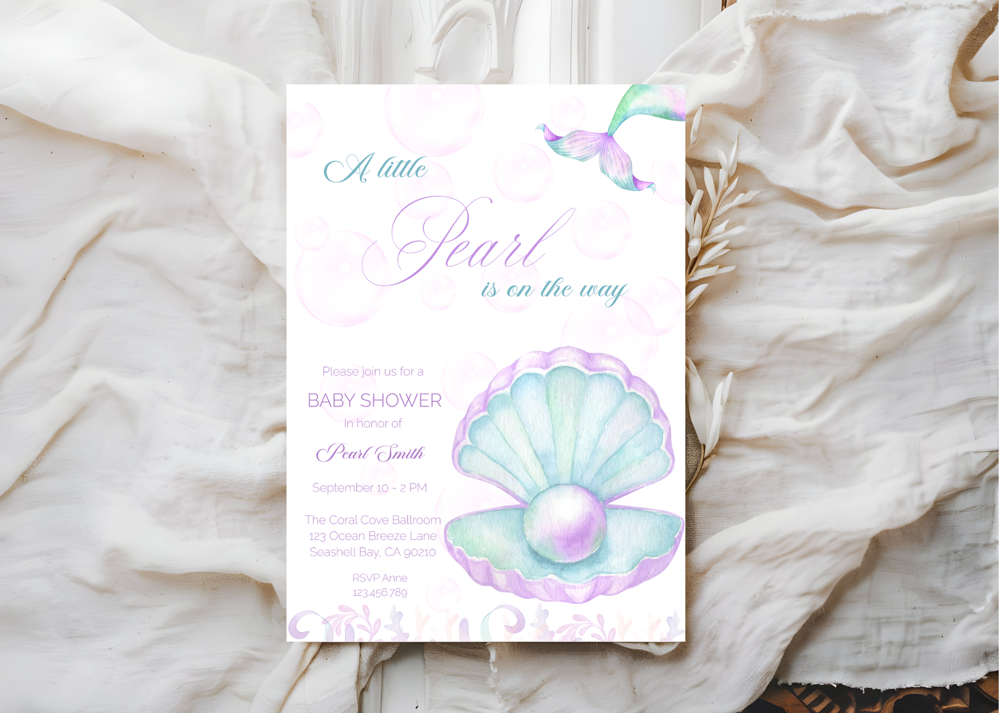 A Little Pearl Baby Shower Invite | Editable Pink Mermaid Baby Shower Invitation Canva Template | Purple Ocean Summer Baby Shower Invitation