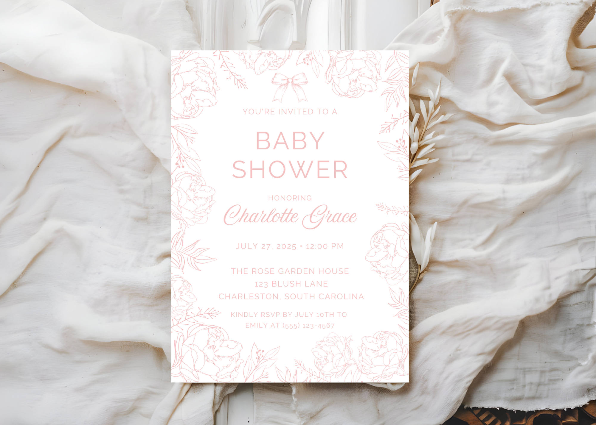 Vintage Pink Toile Baby Shower Invitation | French Pink Blush 5x7 Canva Template | Girl Baby Invite | Editable Printable Digital Download