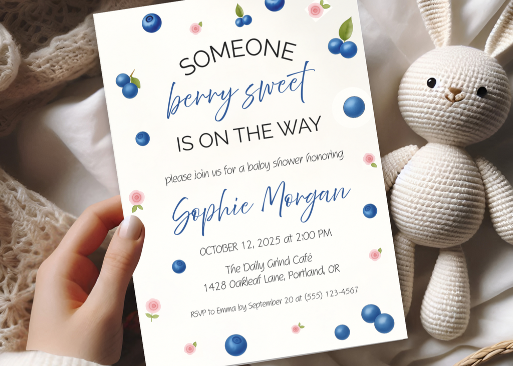 Someone Berry Sweet Is On the Way Baby Shower Invite Blueberries Canva Template | Editable Printable Digital Download Blueberry Baby Shower