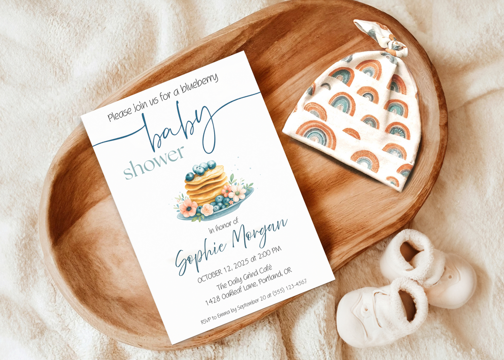 Blueberry Baby Shower Invitation Editable Canva Template Blueberry Pancake Sweet Brunch Invite Printable Digital Download Baby on the Way