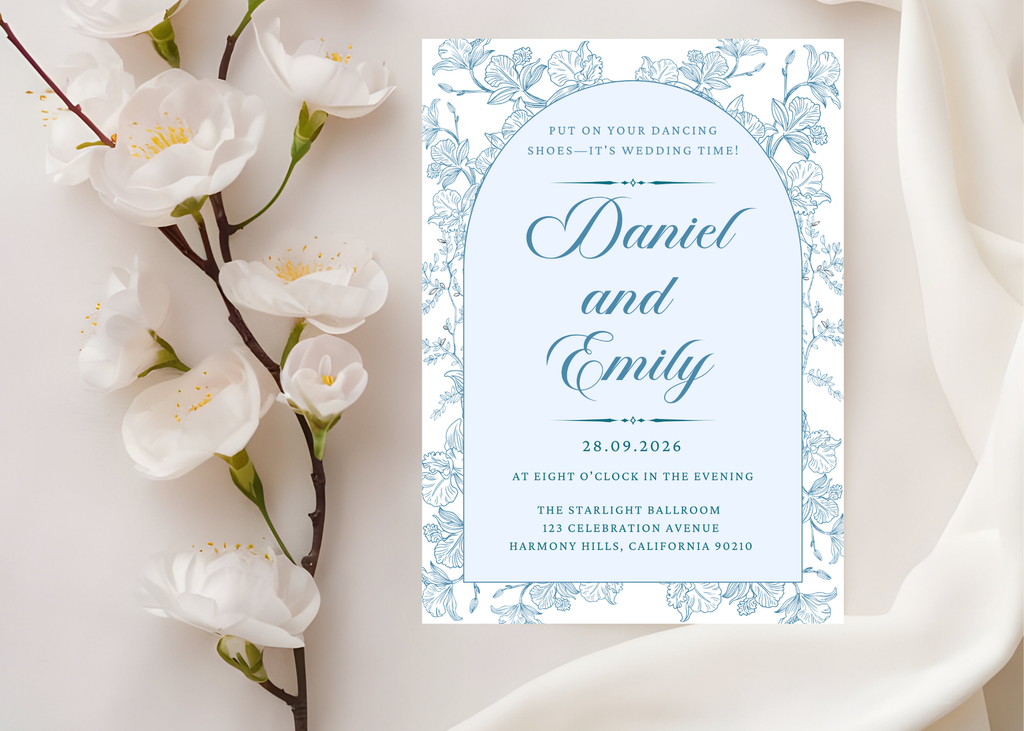Blue Toile Wedding Invitation | French Chinoiserie Floral Suite | Editable Canva Template | Dusty Blue Printable Elegant Wedding Invite