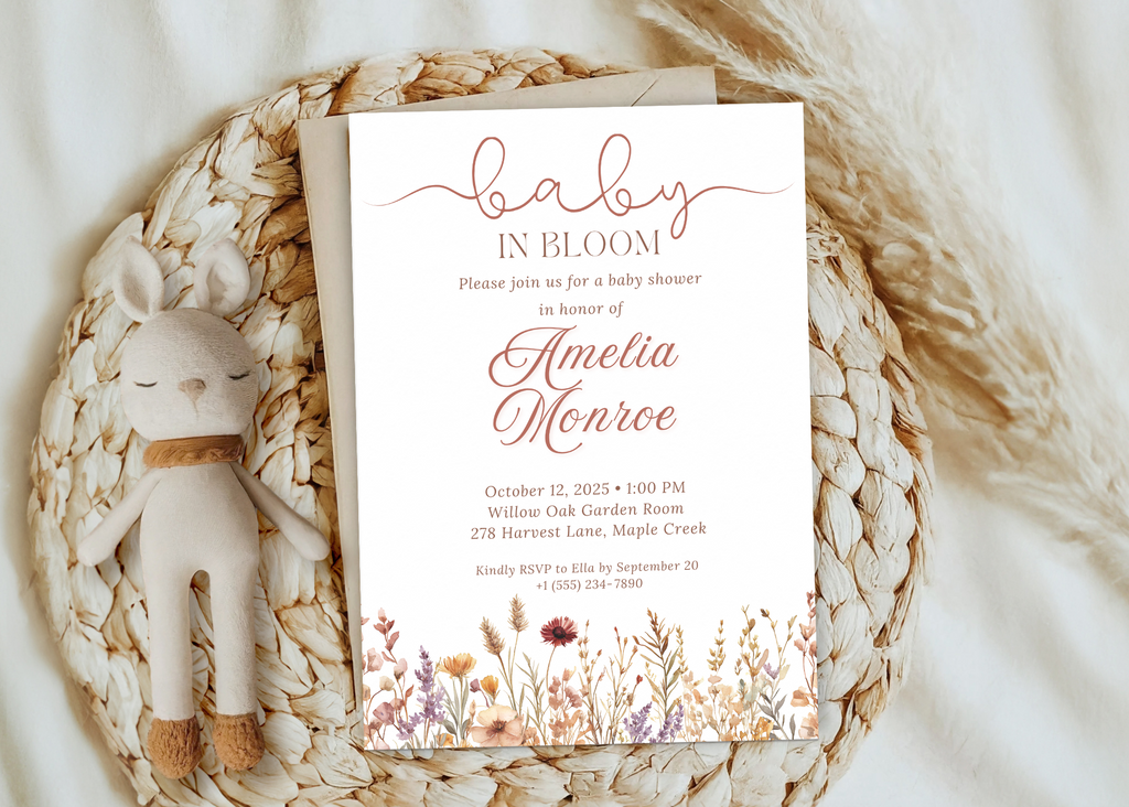 Baby in Bloom Baby Shower Invitation | Girly Boho Floral Flower Wildflowers Invite | Canva Template | Editable Printable Digital Download
