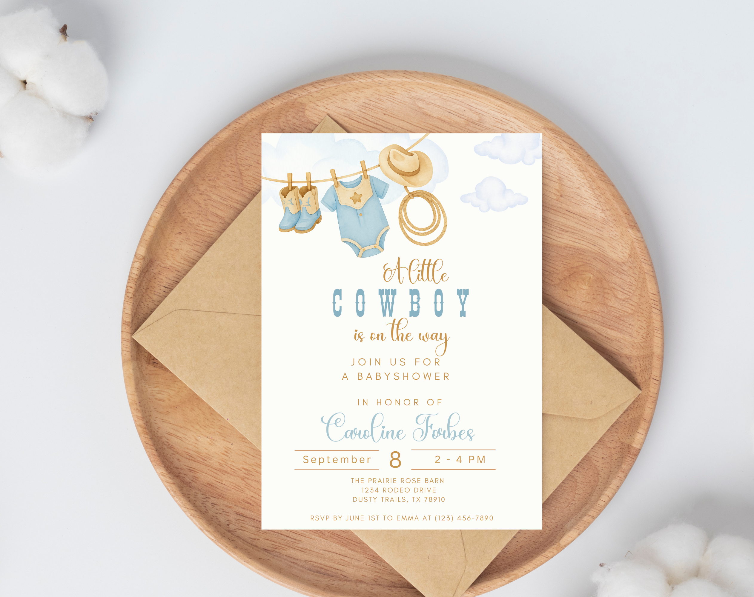 A Little Cowboy is on the Way Invitation | Editable Western Baby Shower Template | Rustic Rodeo Theme | Printable Digital Download